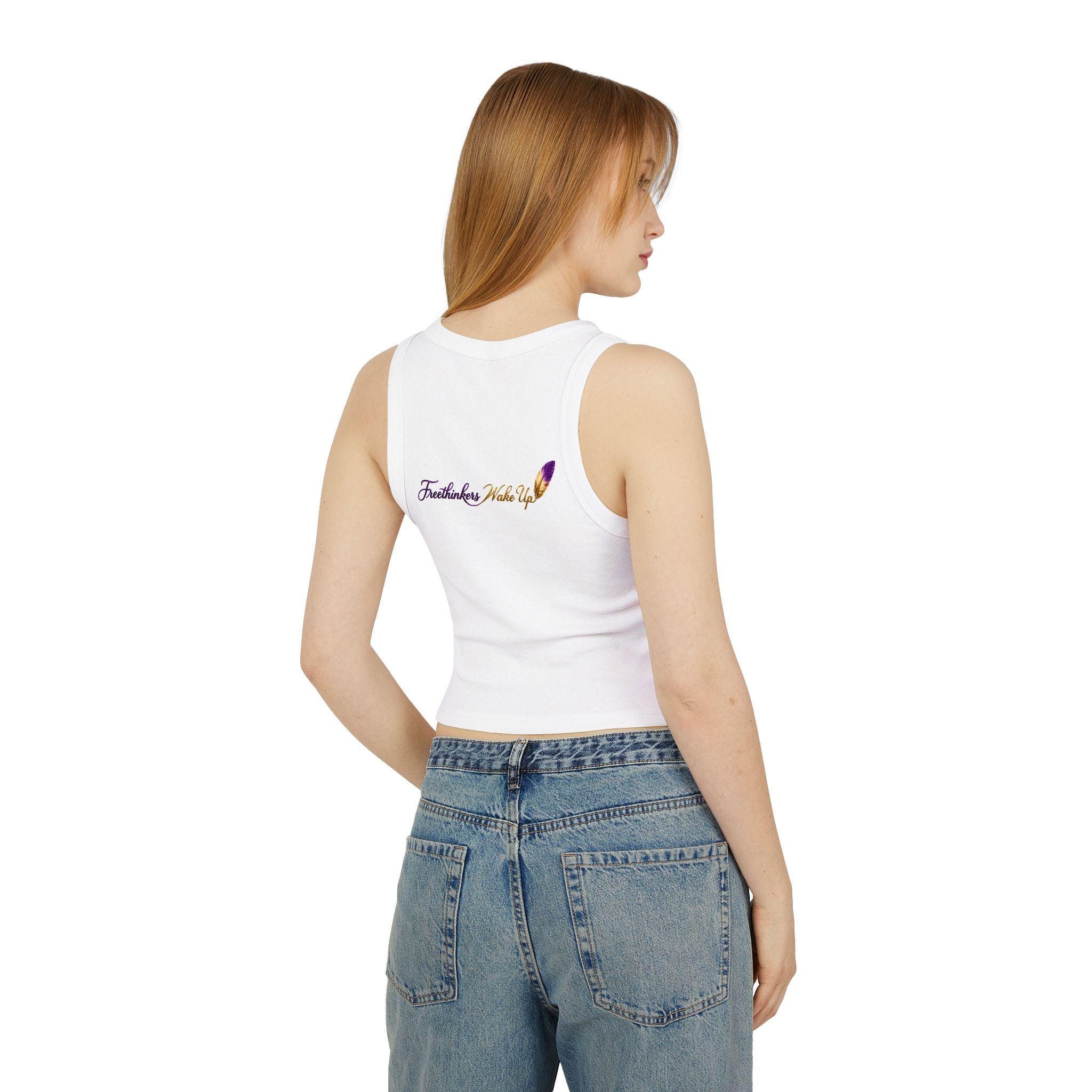 Women's Micro Rib Racer Tank Freethinkers Hahom Script Logo Tank, view 5