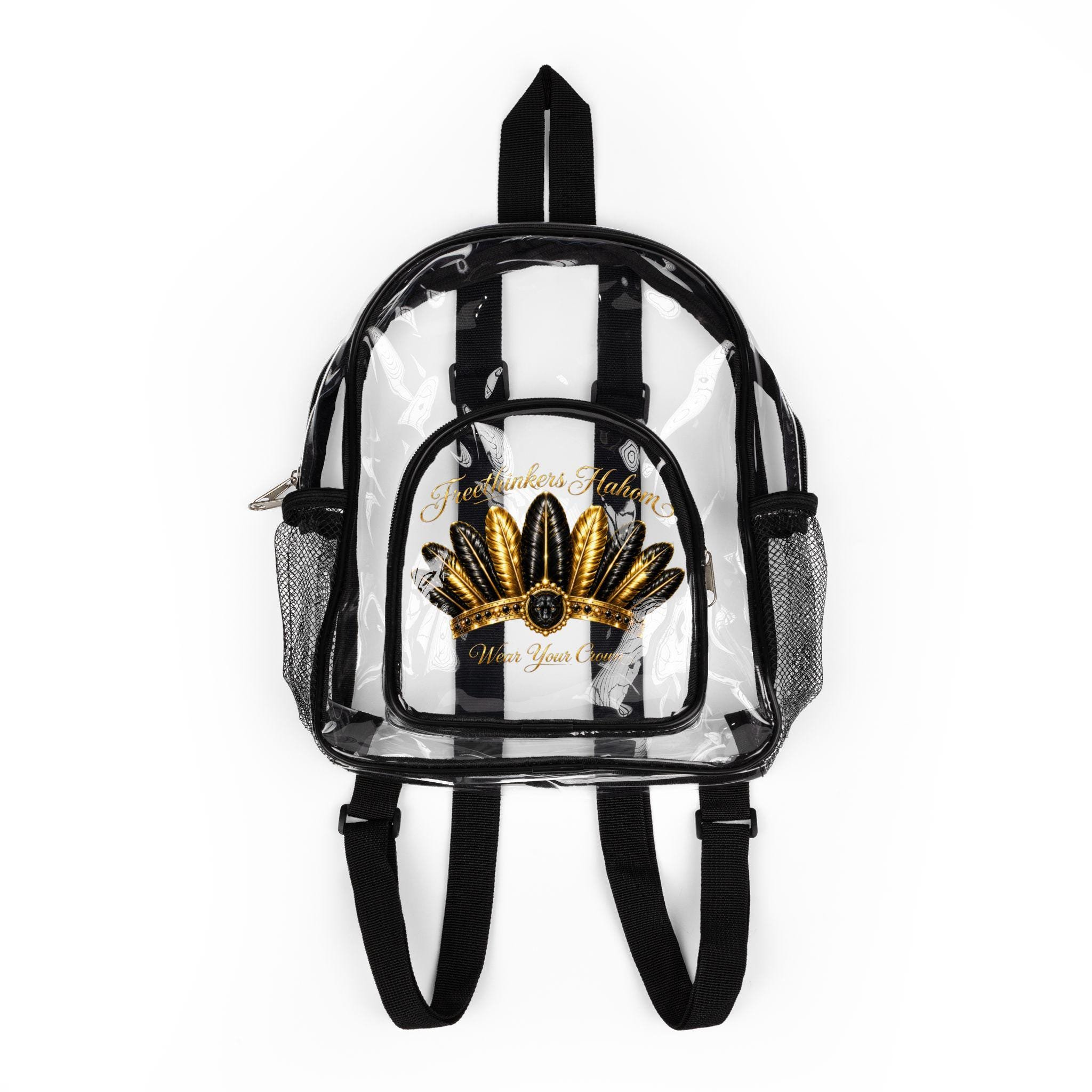 Clear Stadium Backpack with black and gold feather crown Transparent Game Day Bag
