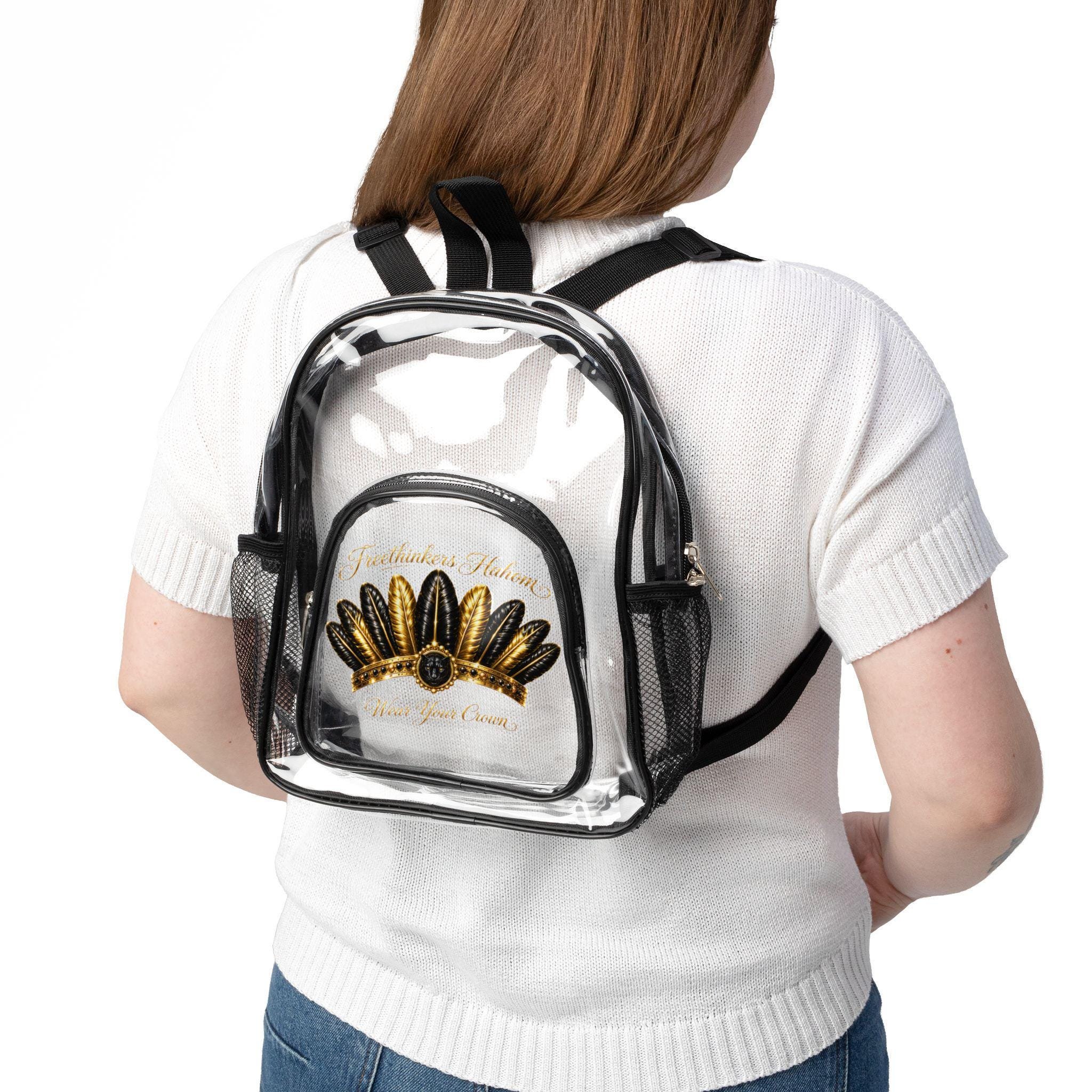 Clear Stadium Backpack with black and gold feather crown Transparent Game Day Bag, view 2