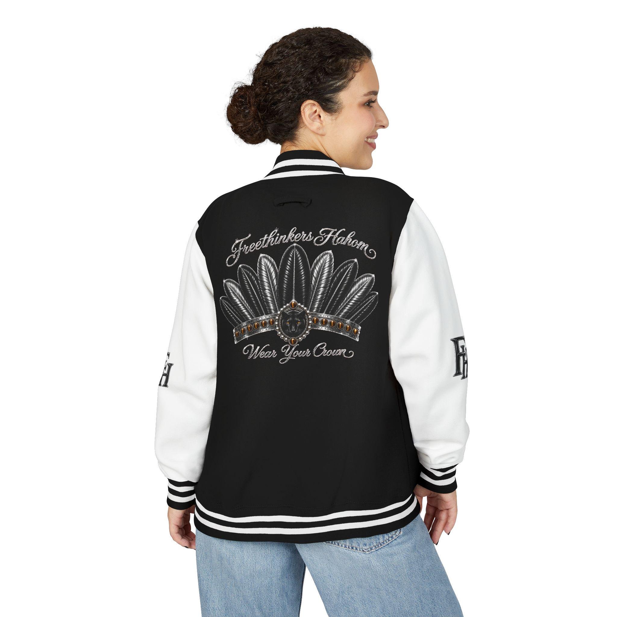 Feathered Headdress Letterman Jacket Varsity Coat with Embroidered Feathers, view 6