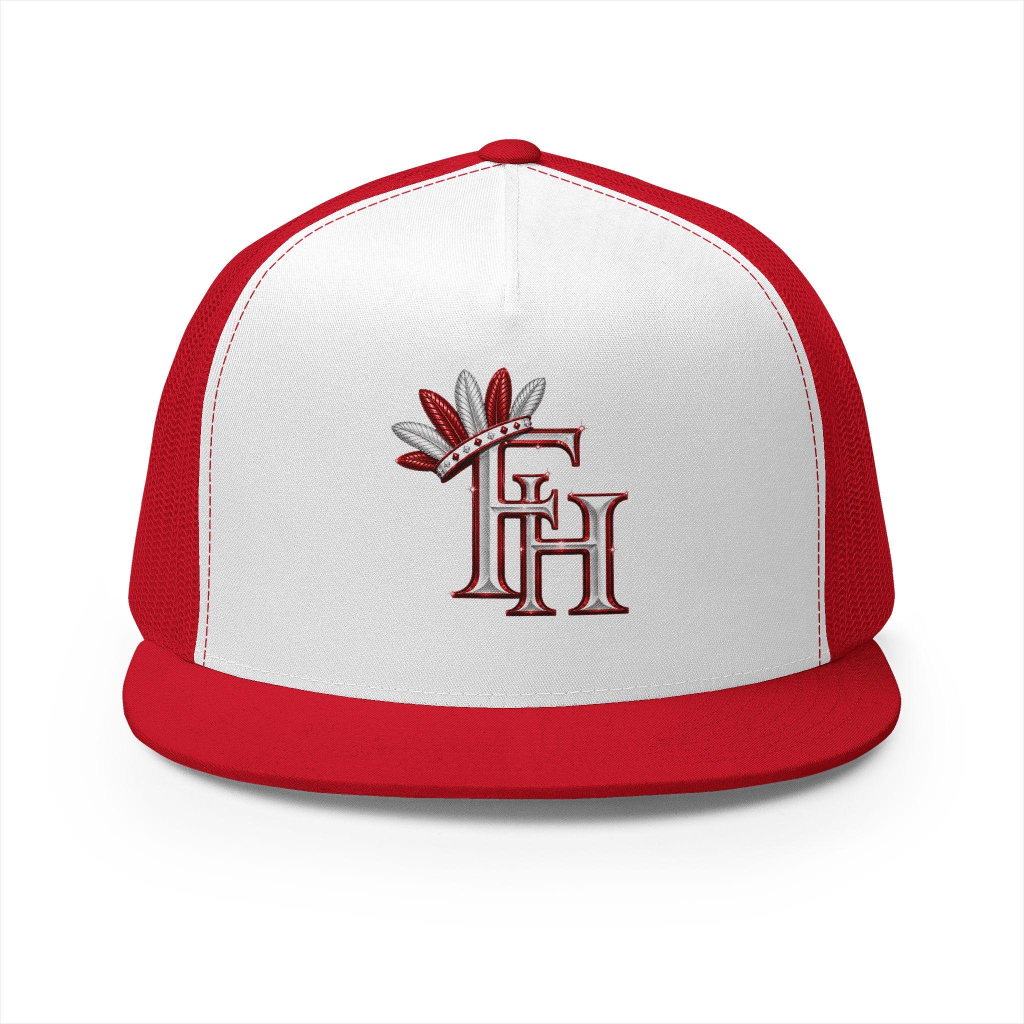 Feather Monogram 5 Panel Trucker Cap | Red White Embroidered Logo
