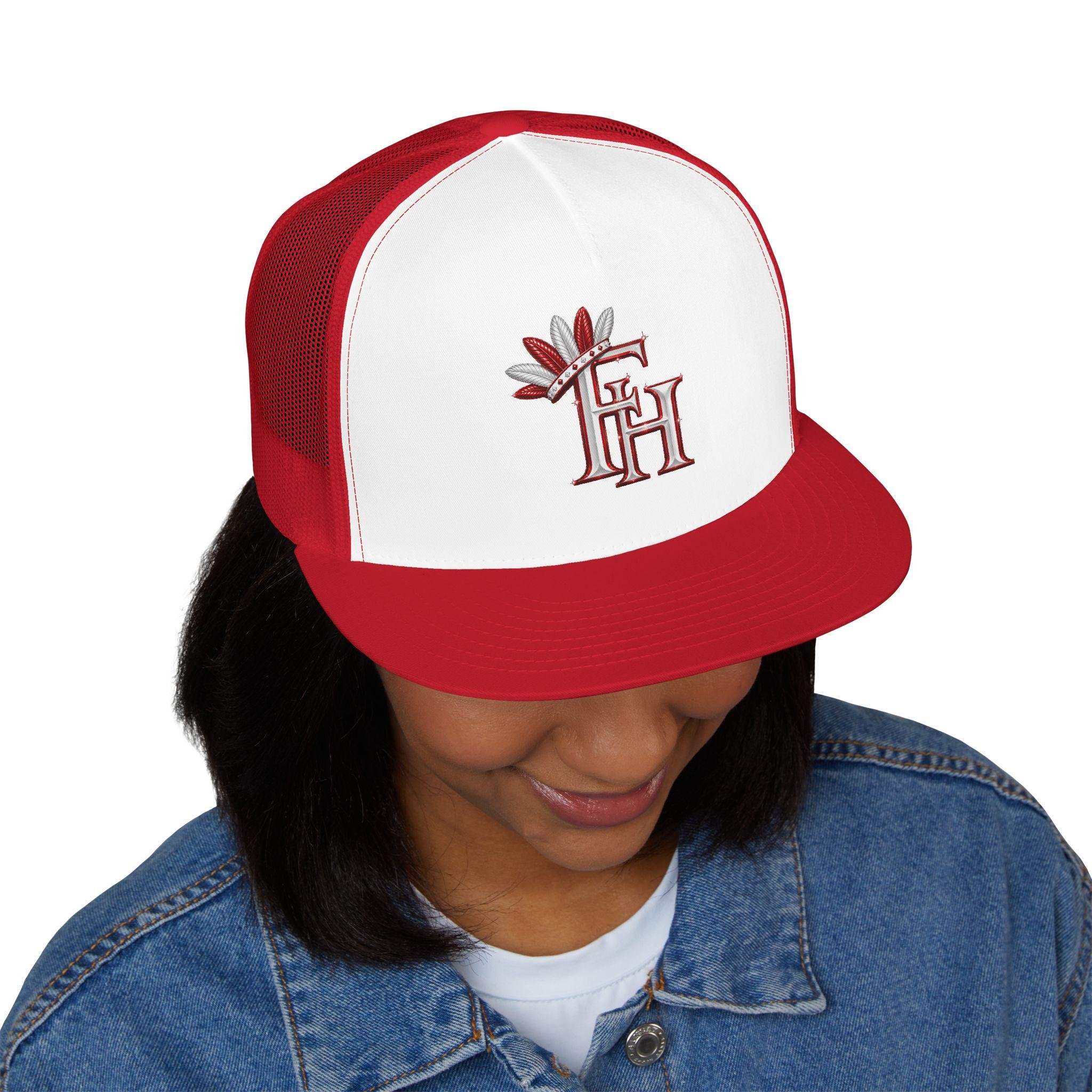 Feather Monogram 5 Panel Trucker Cap | Red White Embroidered Logo, view 3