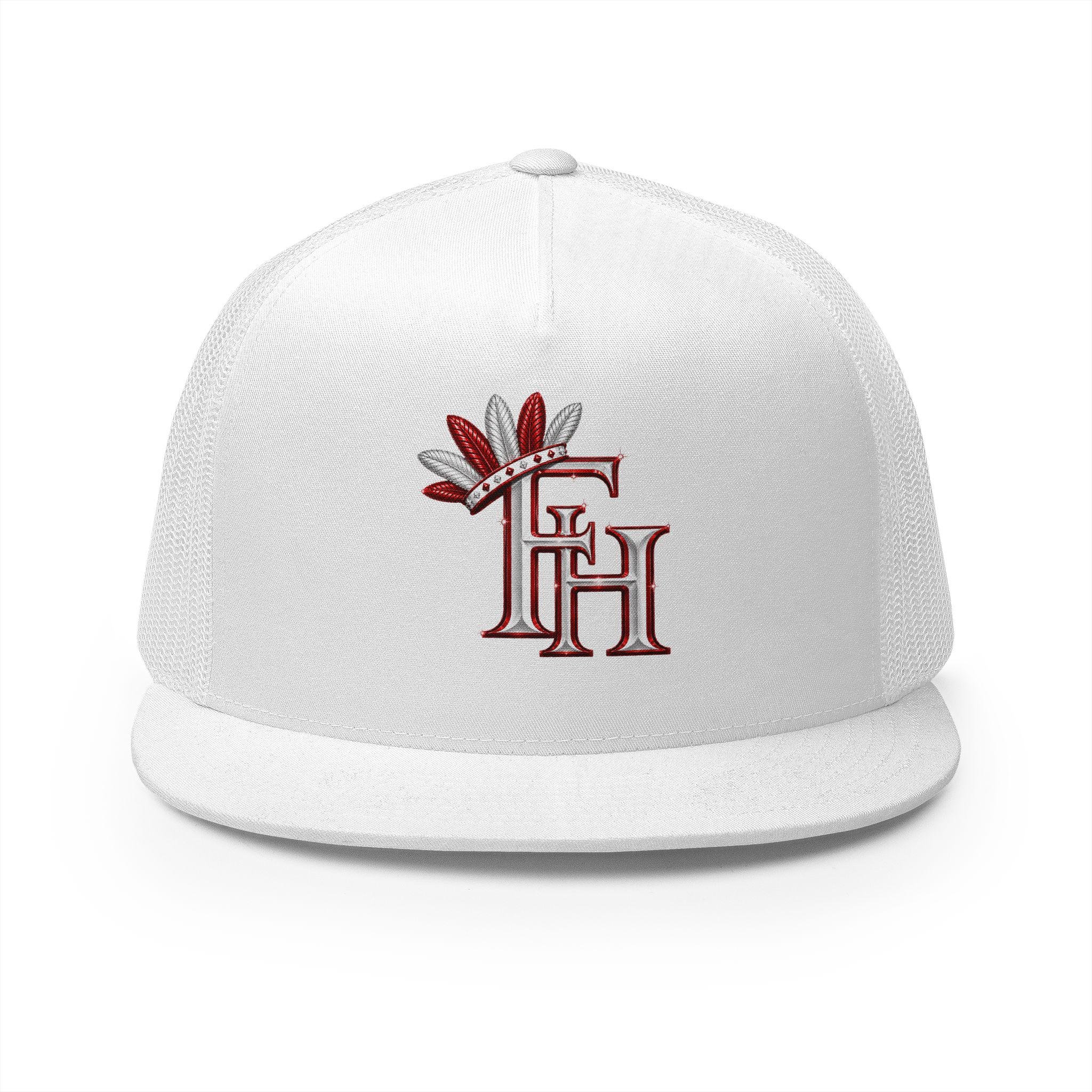 Feather Monogram 5 Panel Trucker Cap | Red White Embroidered Logo, view 4