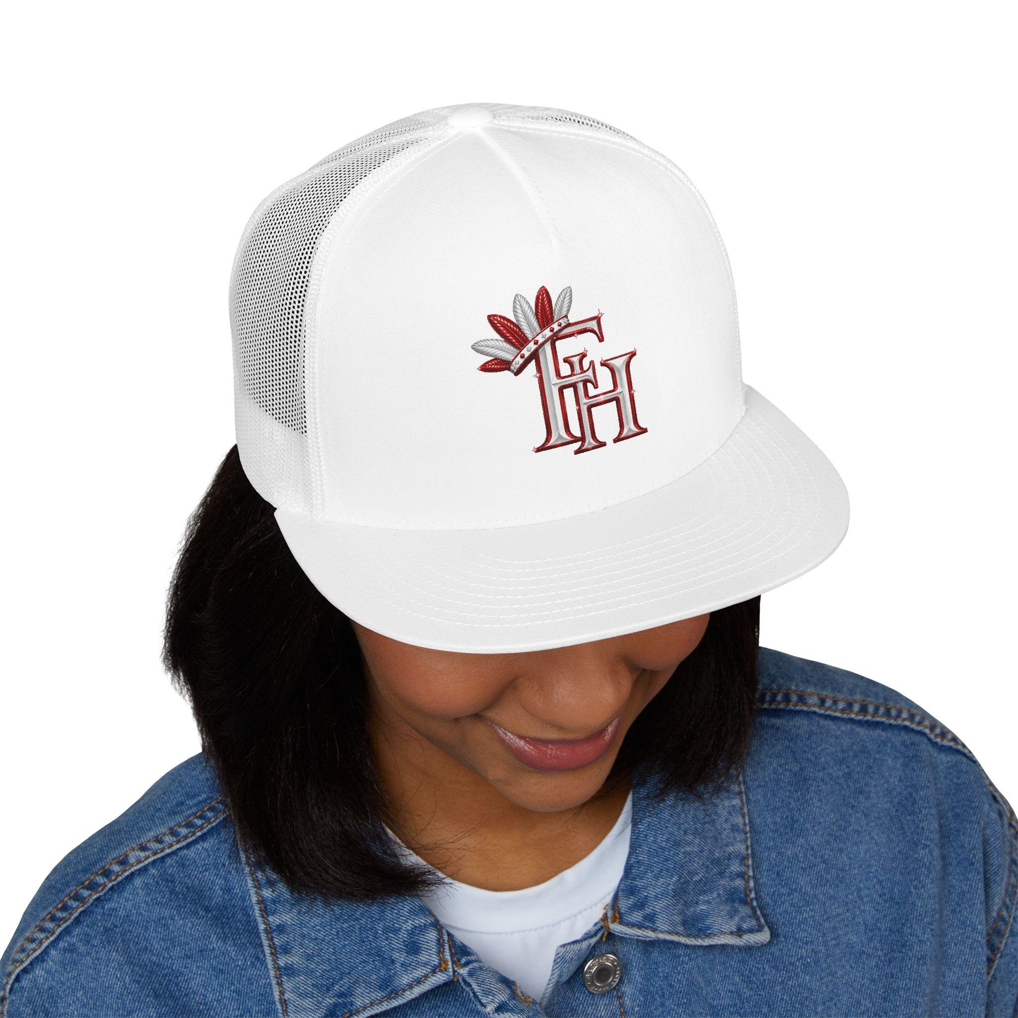 Feather Monogram 5 Panel Trucker Cap | Red White Embroidered Logo, view 7