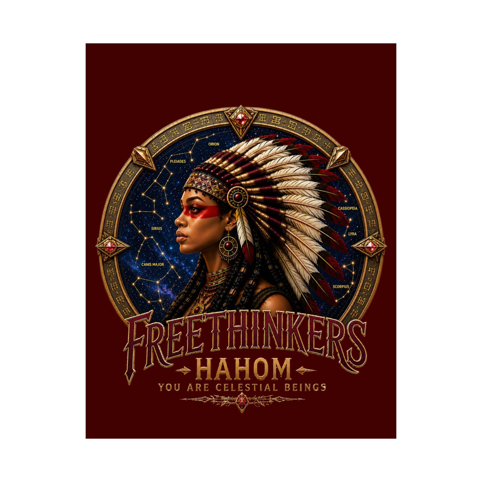 Free Thinkers American Indian Headdress Satin Poster Portrait Celestial Constellation Stargate