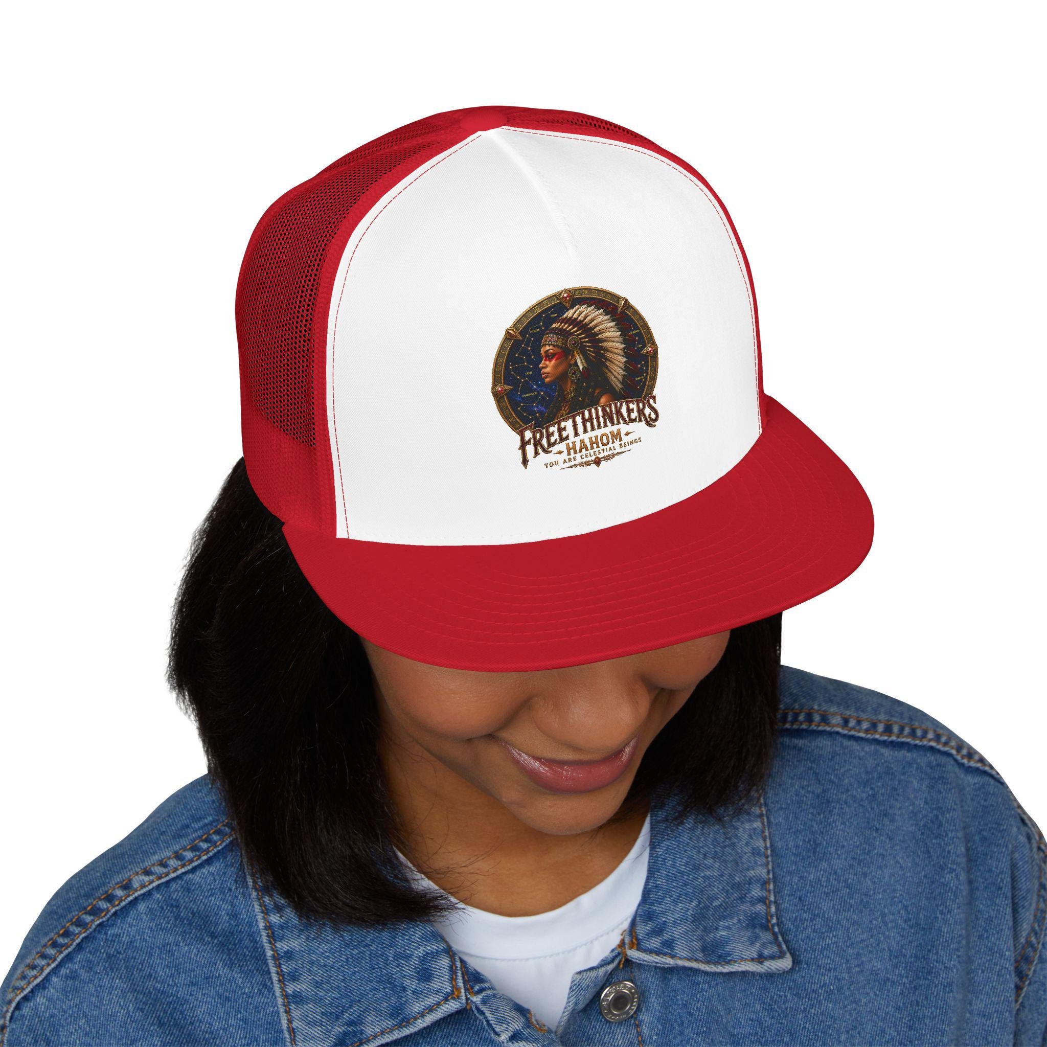 American Indian Chieftess Headdress Trucker Cap Vintage Indian Chief Graphic Hat, view 6