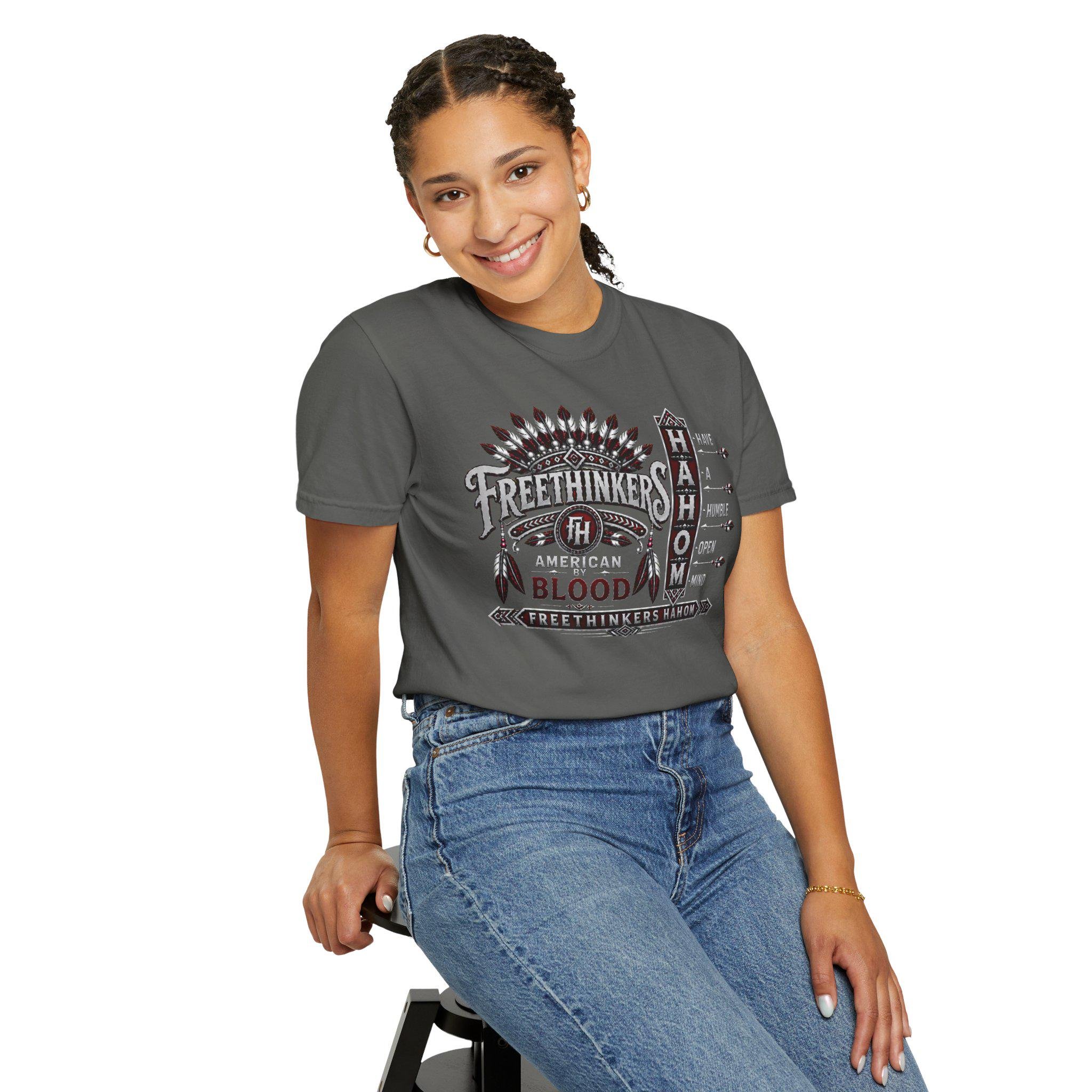 Freethinkers Hahom Feather Headdress Graphic T-Shirt | Retro Tribal Arrow Design, view 17
