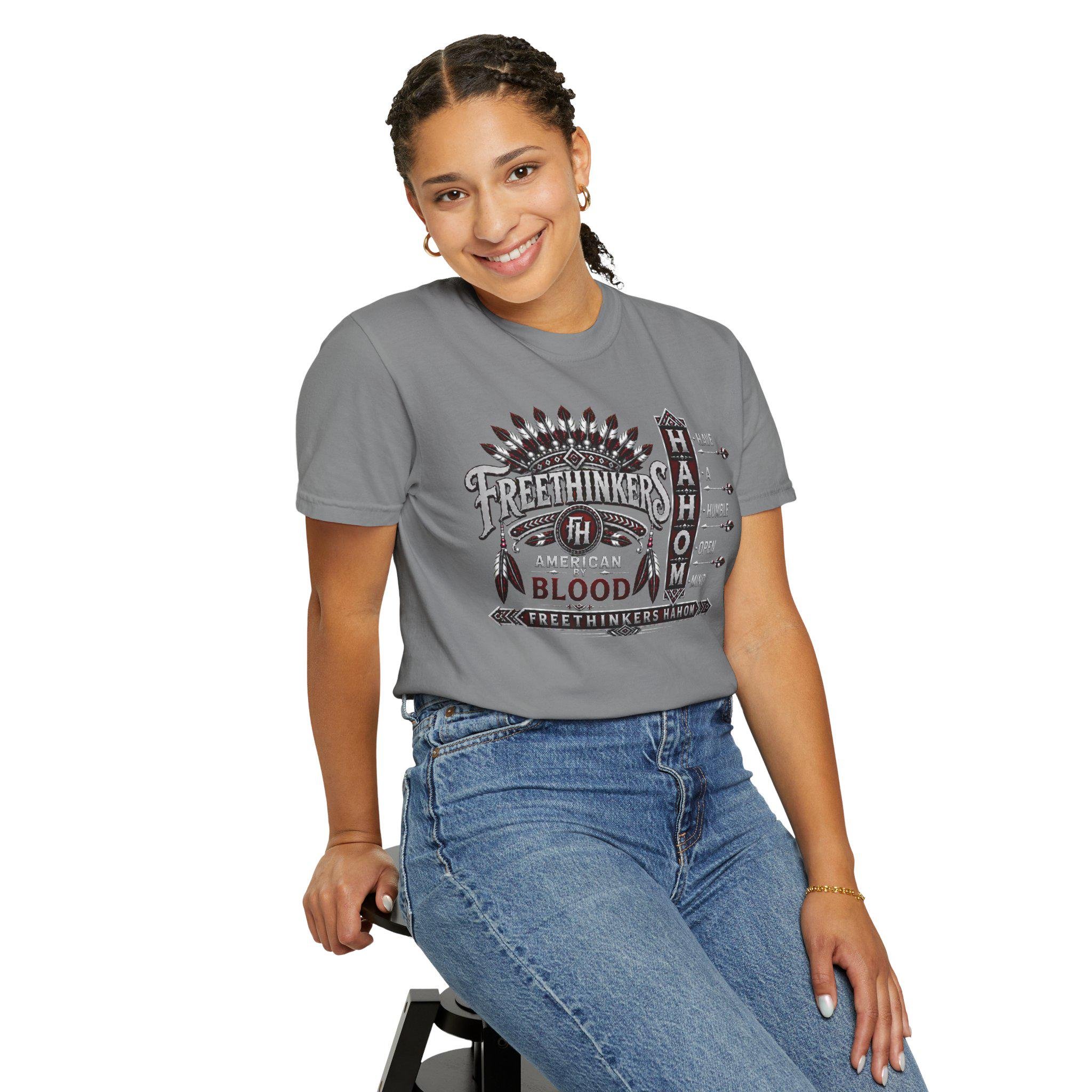 Freethinkers Hahom Feather Headdress Graphic T-Shirt | Retro Tribal Arrow Design, view 18