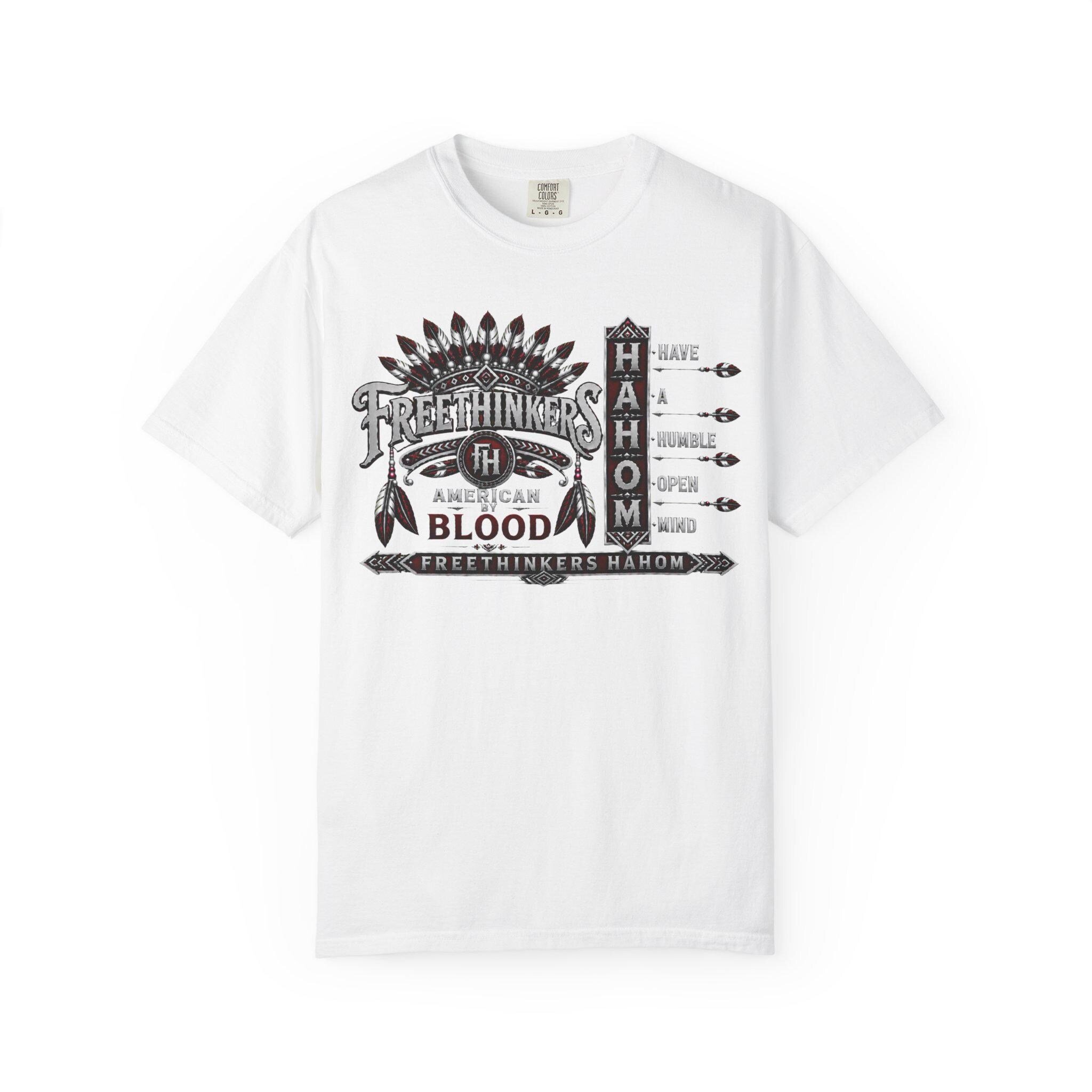 Freethinkers Hahom Feather Headdress Graphic T-Shirt | Retro Tribal Arrow Design, view 2
