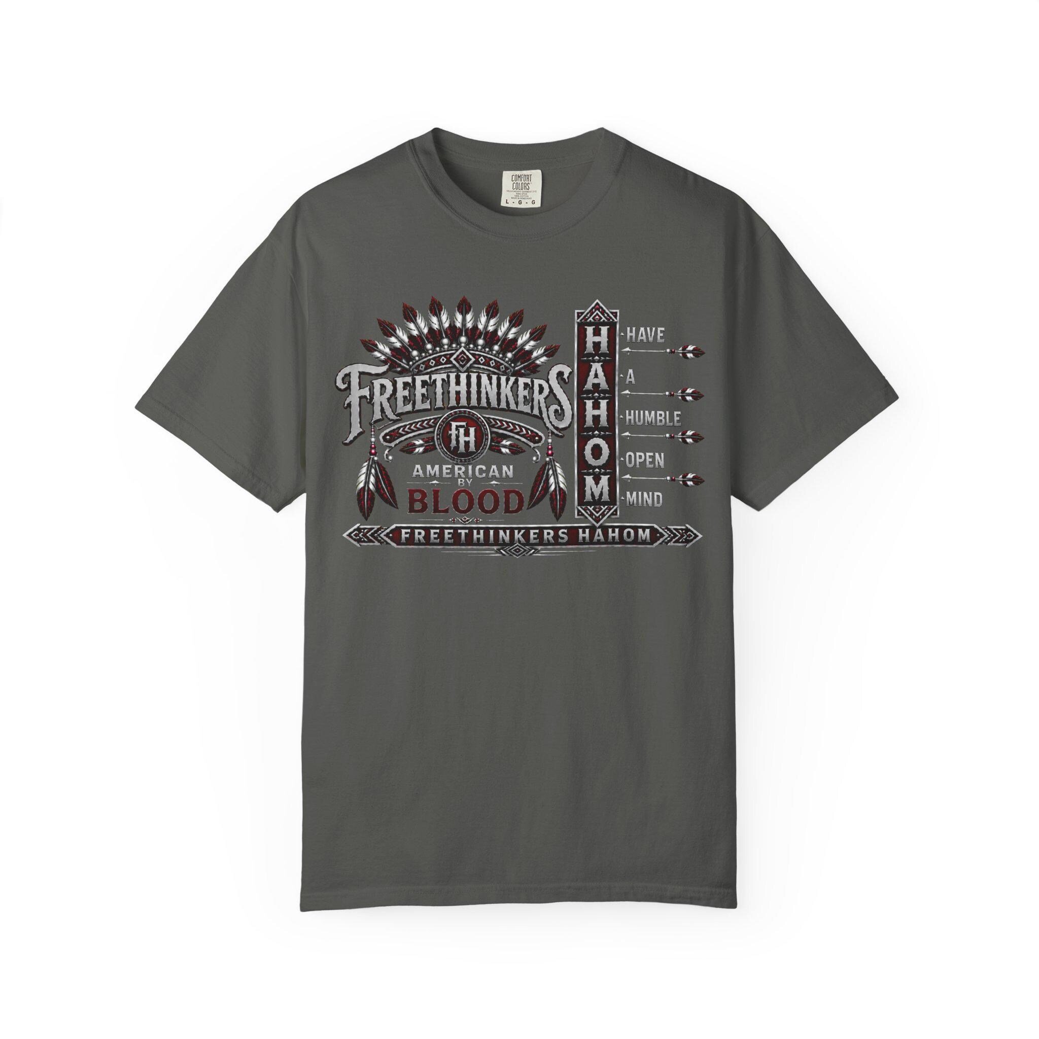 Freethinkers Hahom Feather Headdress Graphic T-Shirt | Retro Tribal Arrow Design, view 4