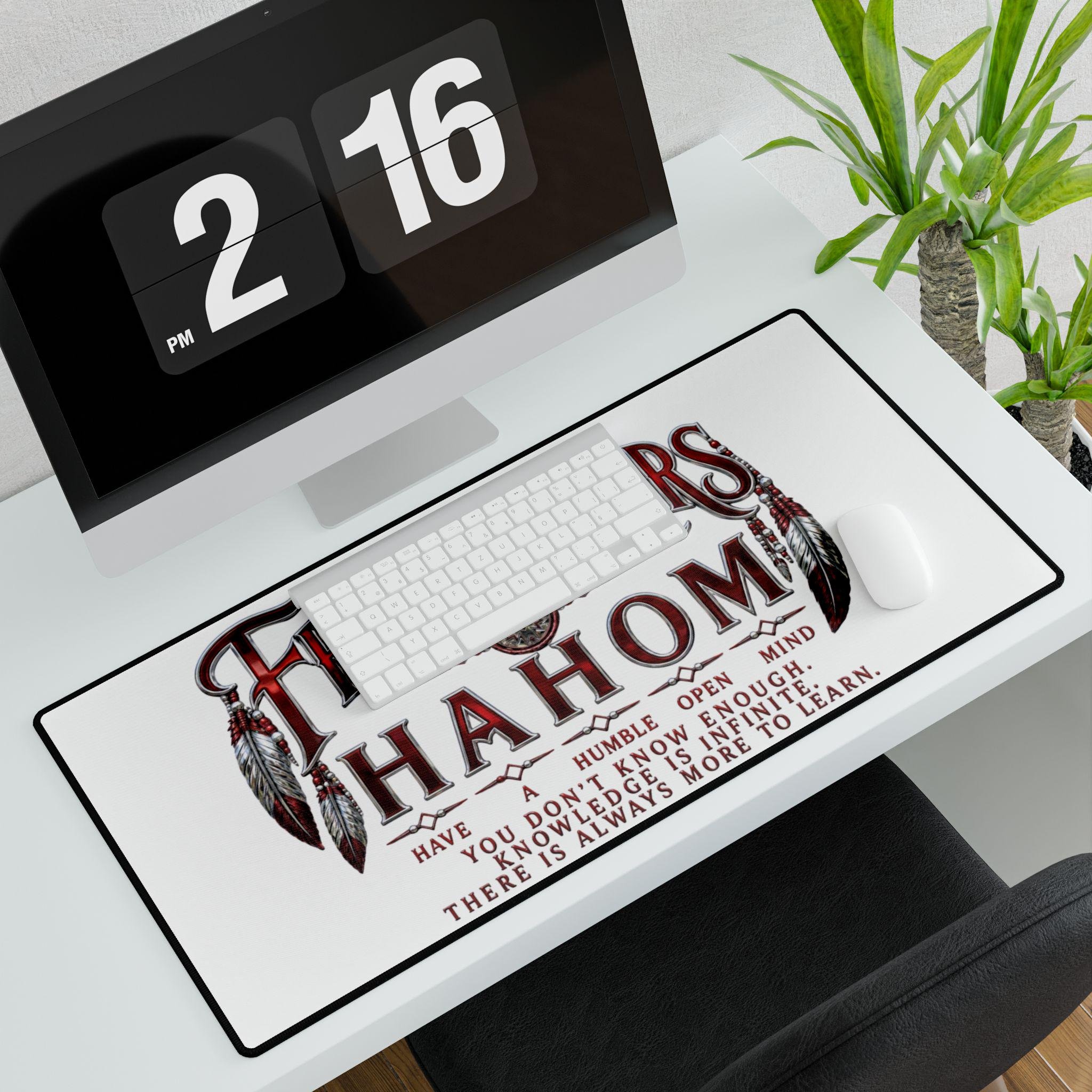 FreeThinkers Hahom Desk Mat | Inspirational Typography Feather Accents, view 3