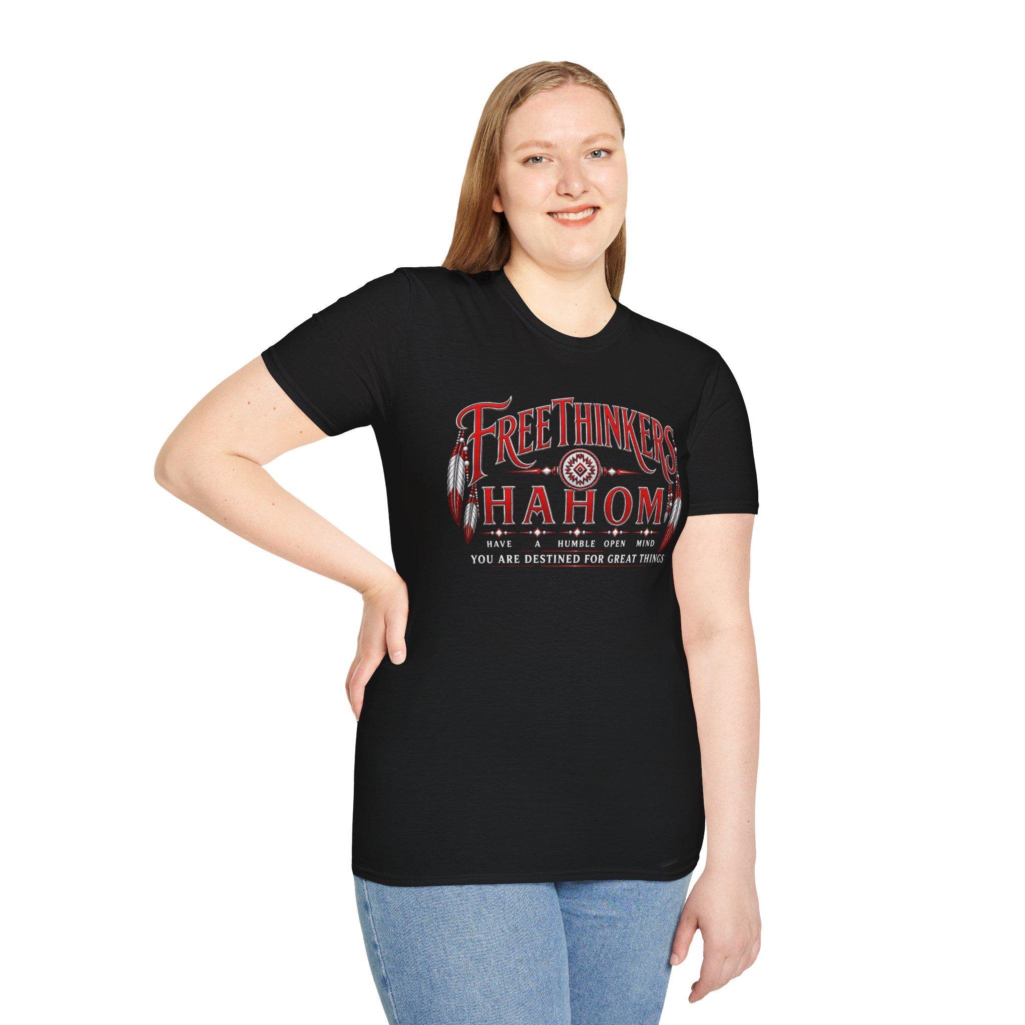 FreeThinkers Hahom T-Shirt | Native Feather Typography Have A Humble Open Mind, view 12