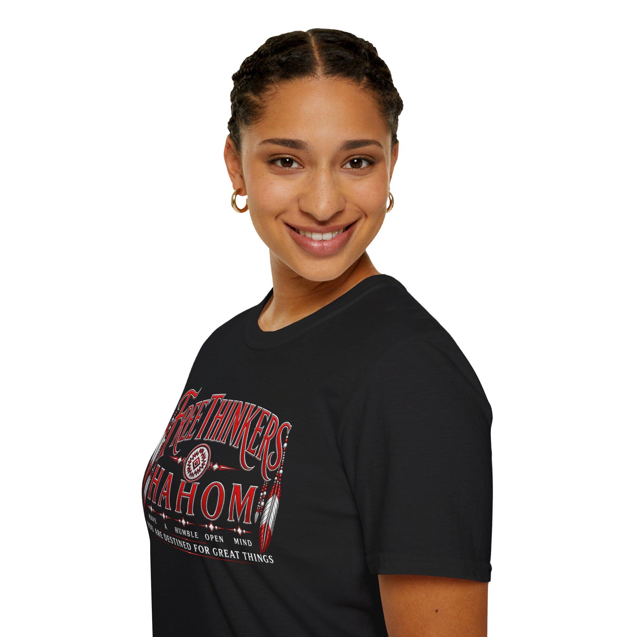 FreeThinkers Hahom T-Shirt | Native Feather Typography Have A Humble Open Mind, view 14