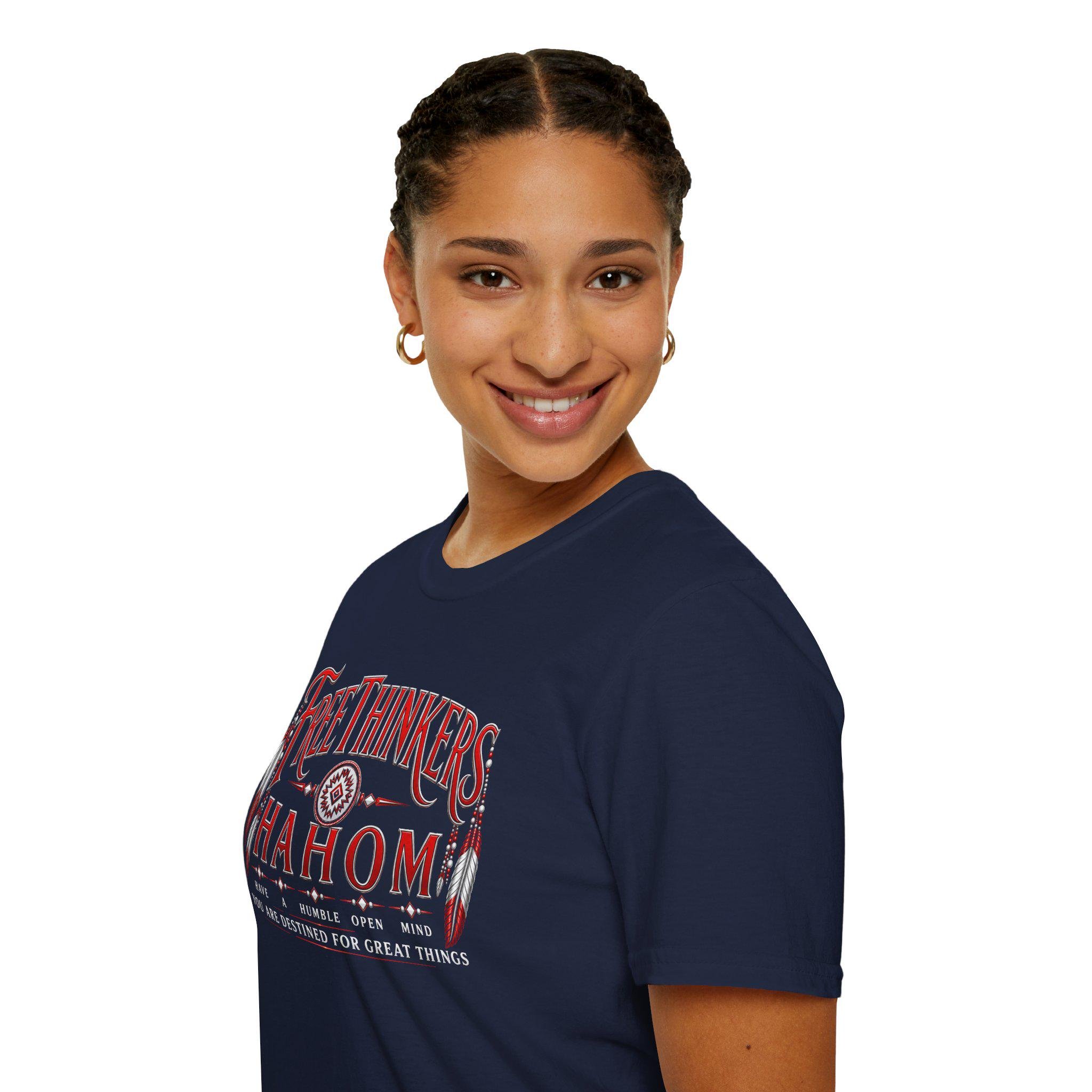 FreeThinkers Hahom T-Shirt | Native Feather Typography Have A Humble Open Mind, view 16
