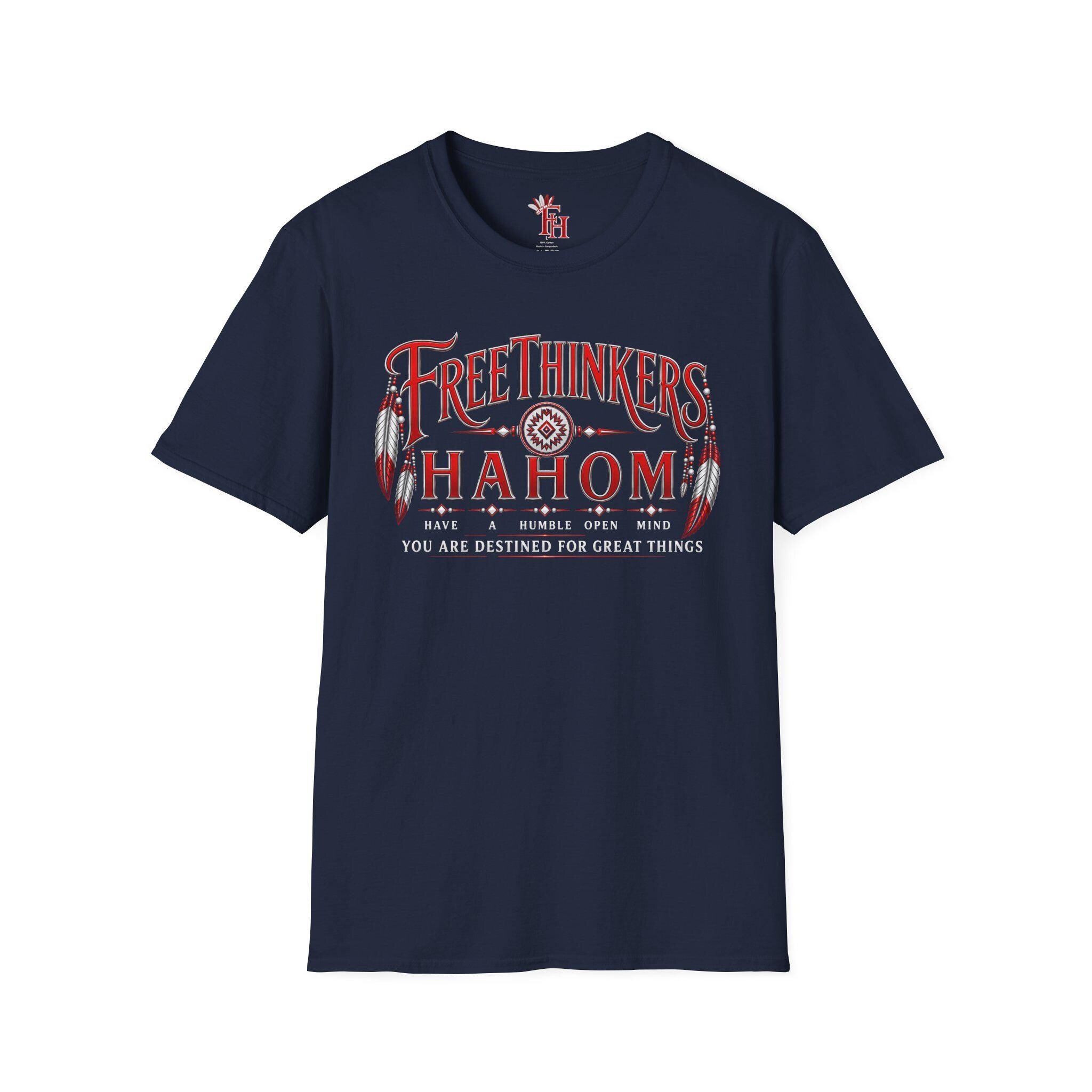 FreeThinkers Hahom T-Shirt | Native Feather Typography Have A Humble Open Mind, view 2