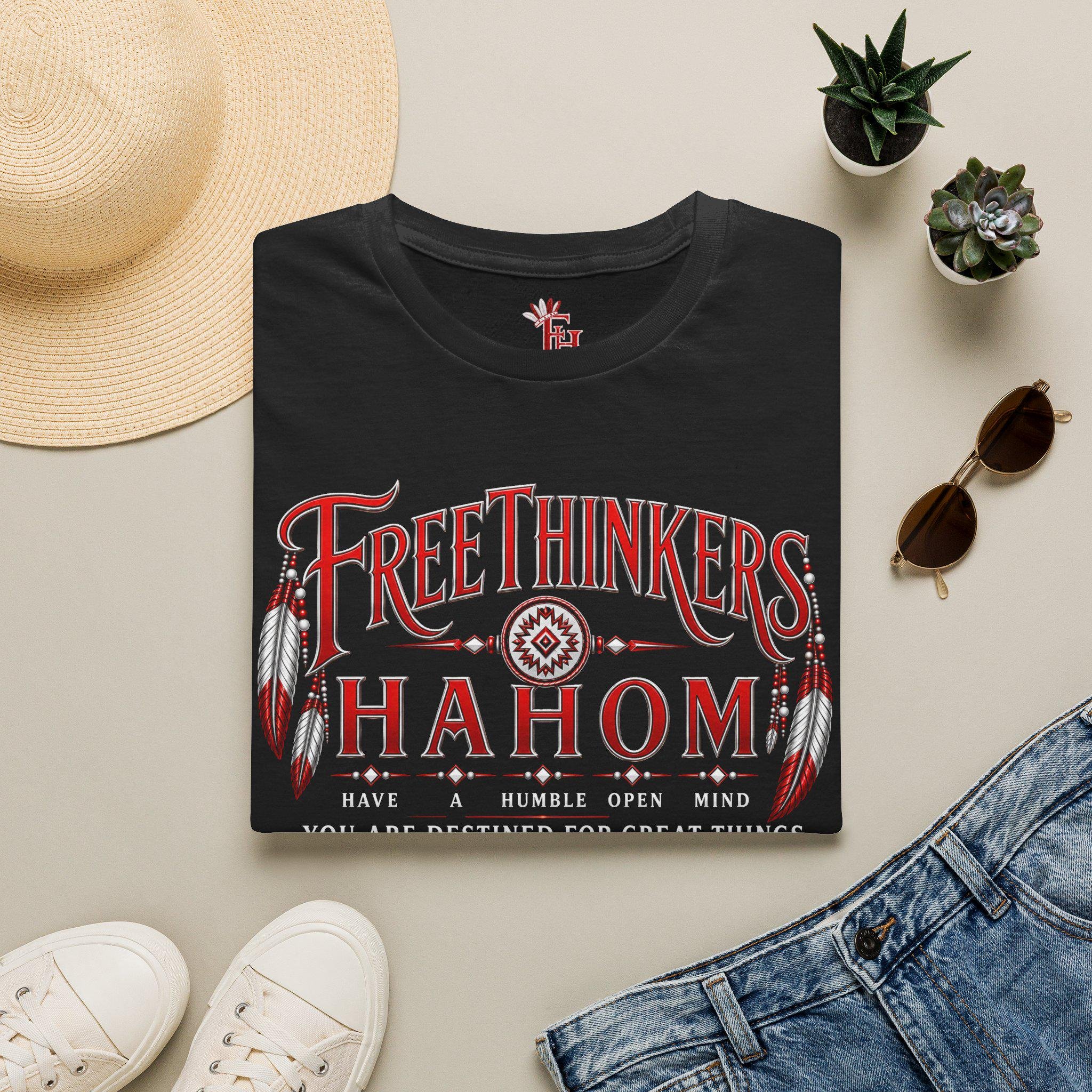 FreeThinkers Hahom T-Shirt | Native Feather Typography Have A Humble Open Mind, view 6