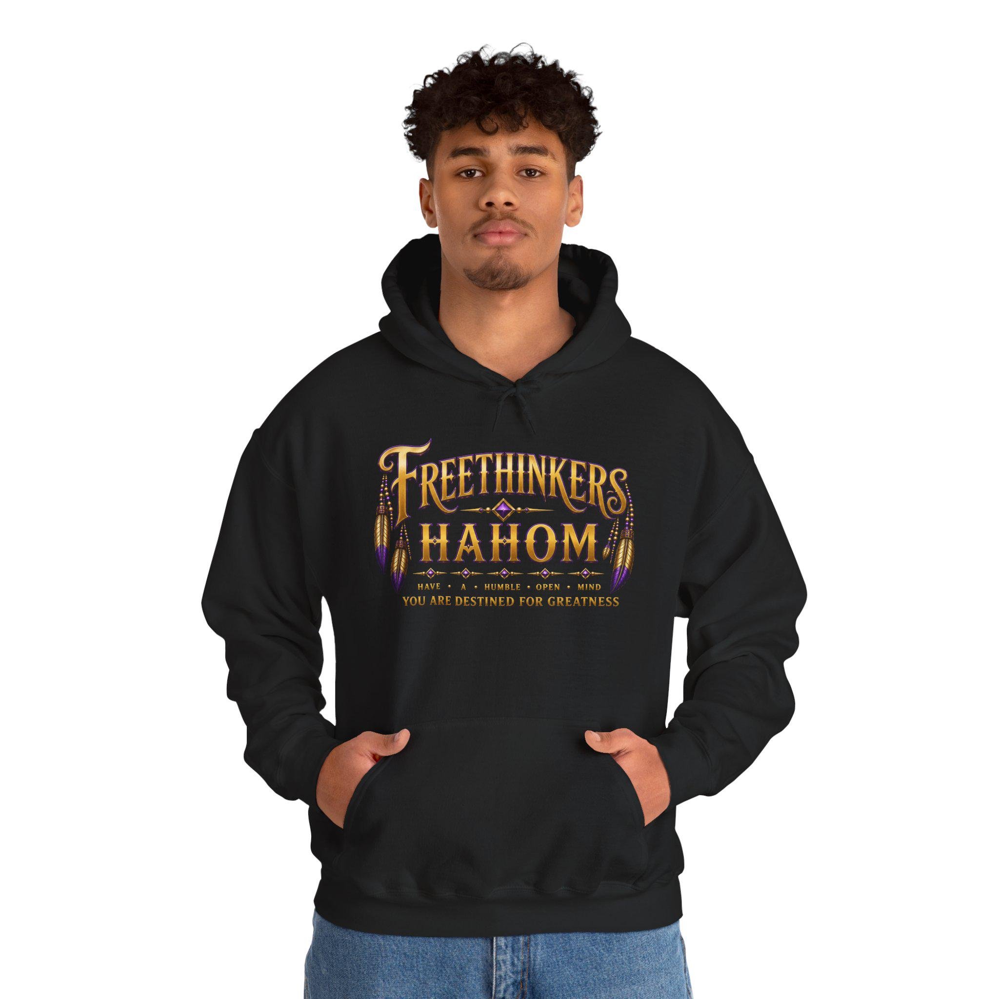 Free Thinkers Hahom hoodie | Spiritual feather lettering sweatshirt, view 2