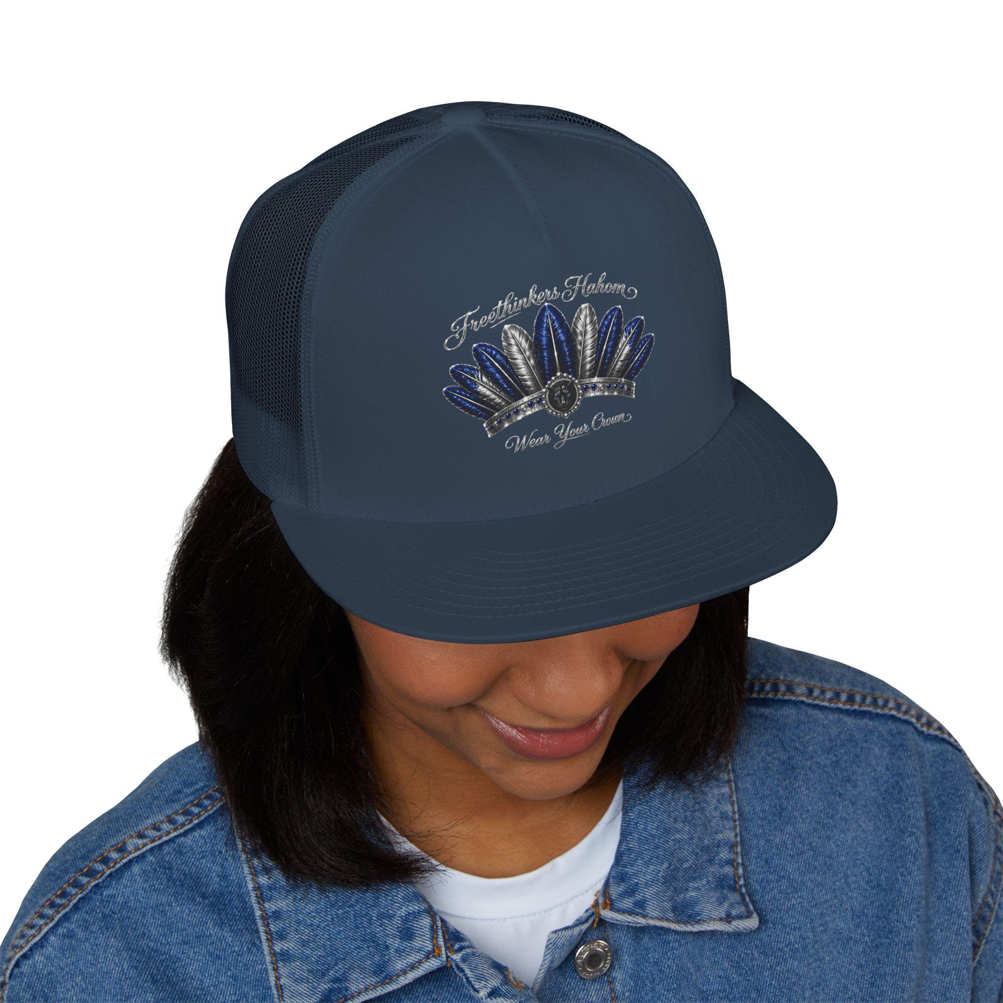 Navy Feather Headdress Trucker Cap | Embroidered Native Feather Design