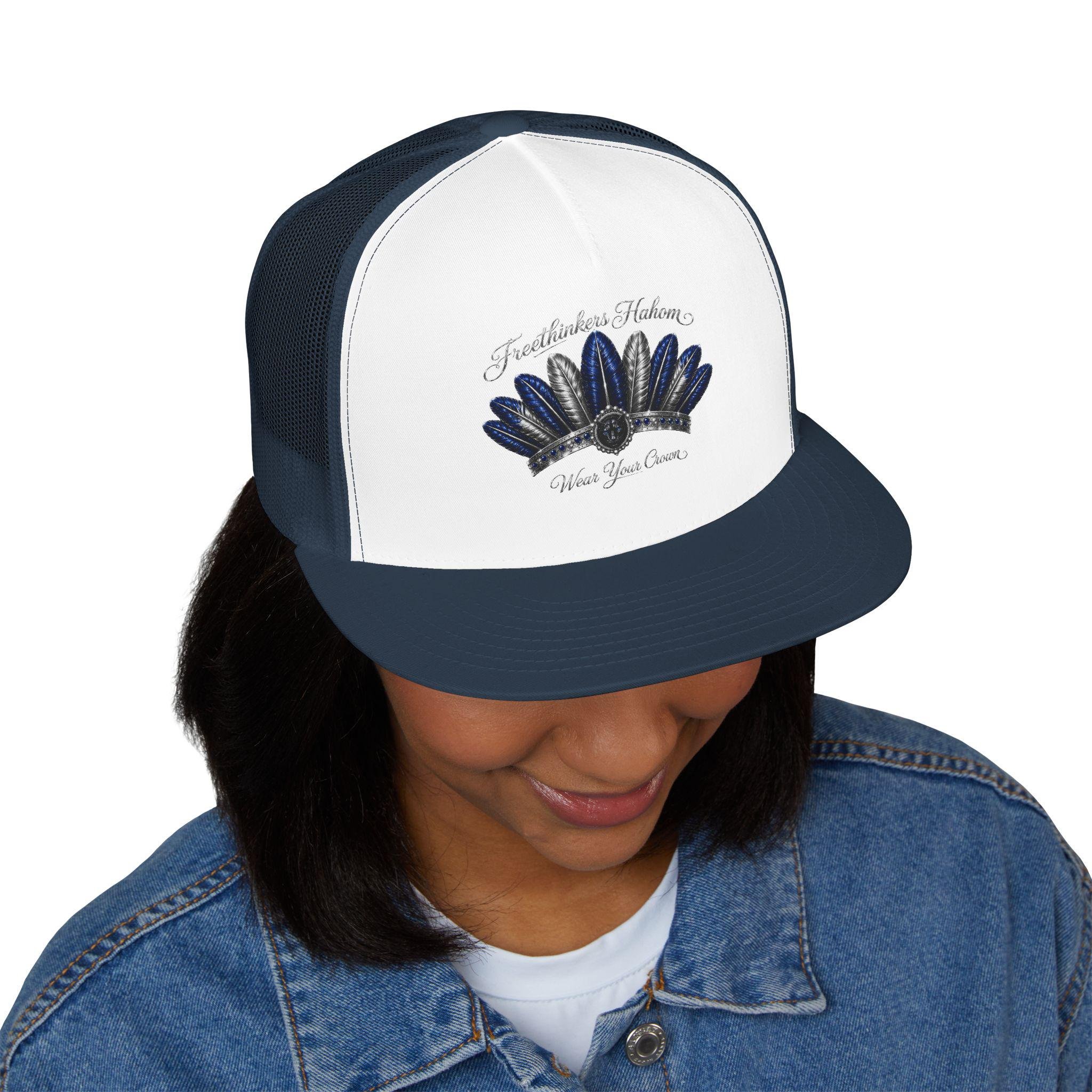 Navy Feather Headdress Trucker Cap | Embroidered Native Feather Design, view 11