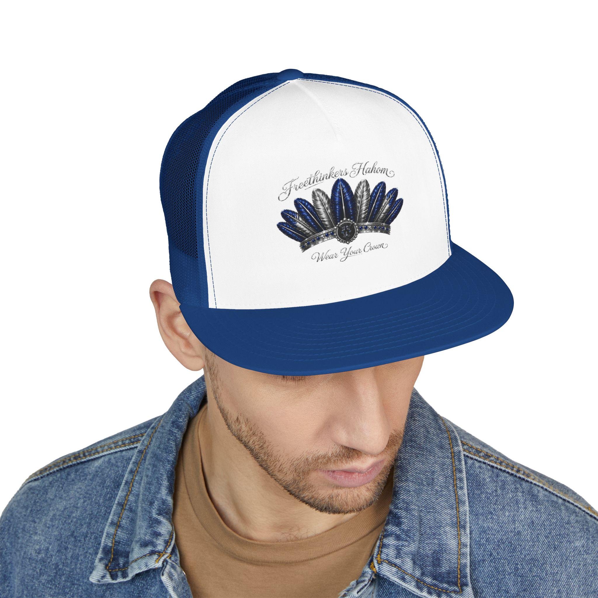 Navy Feather Headdress Trucker Cap | Embroidered Native Feather Design, view 15