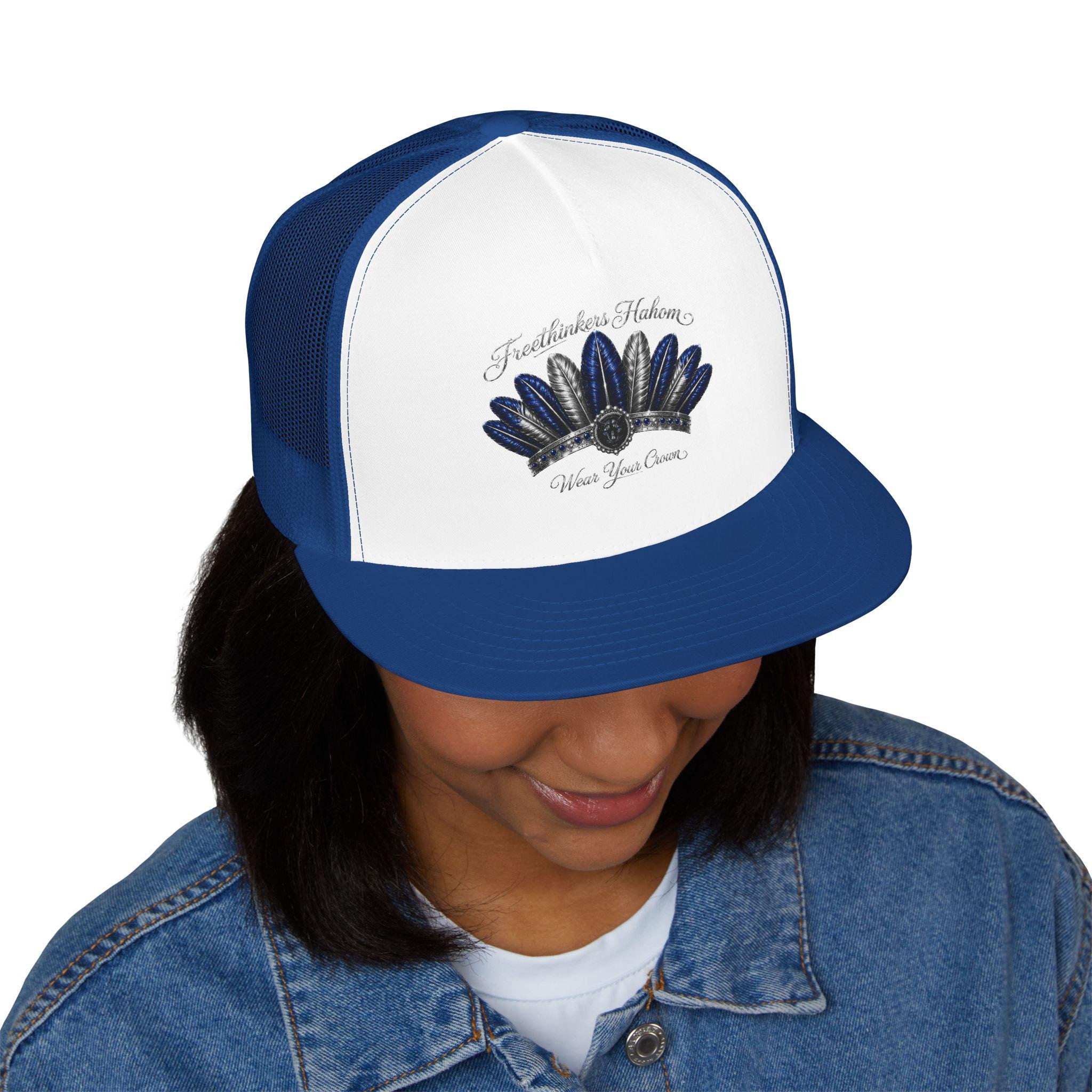 Navy Feather Headdress Trucker Cap | Embroidered Native Feather Design, view 17