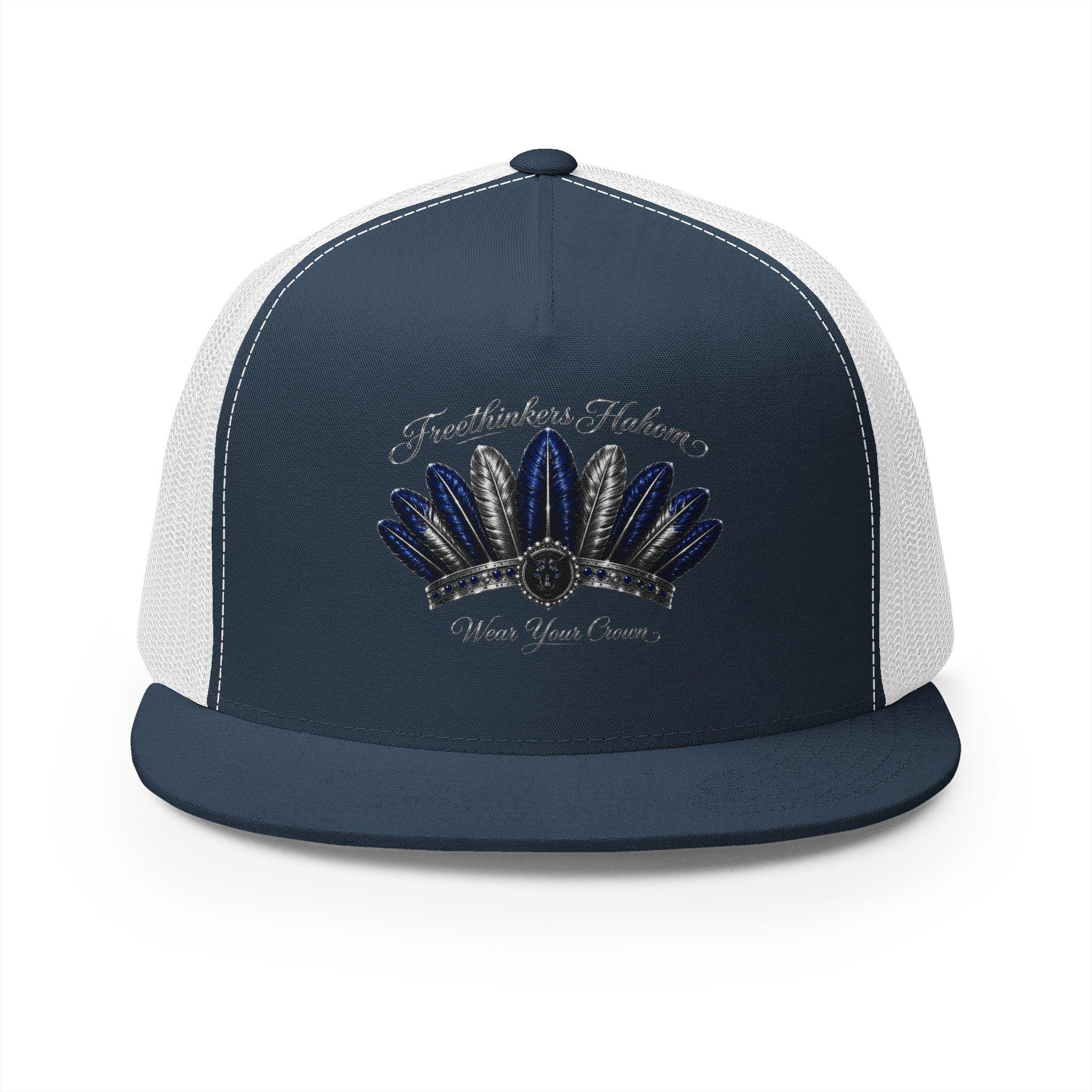 Navy Feather Headdress Trucker Cap | Embroidered Native Feather Design, view 2