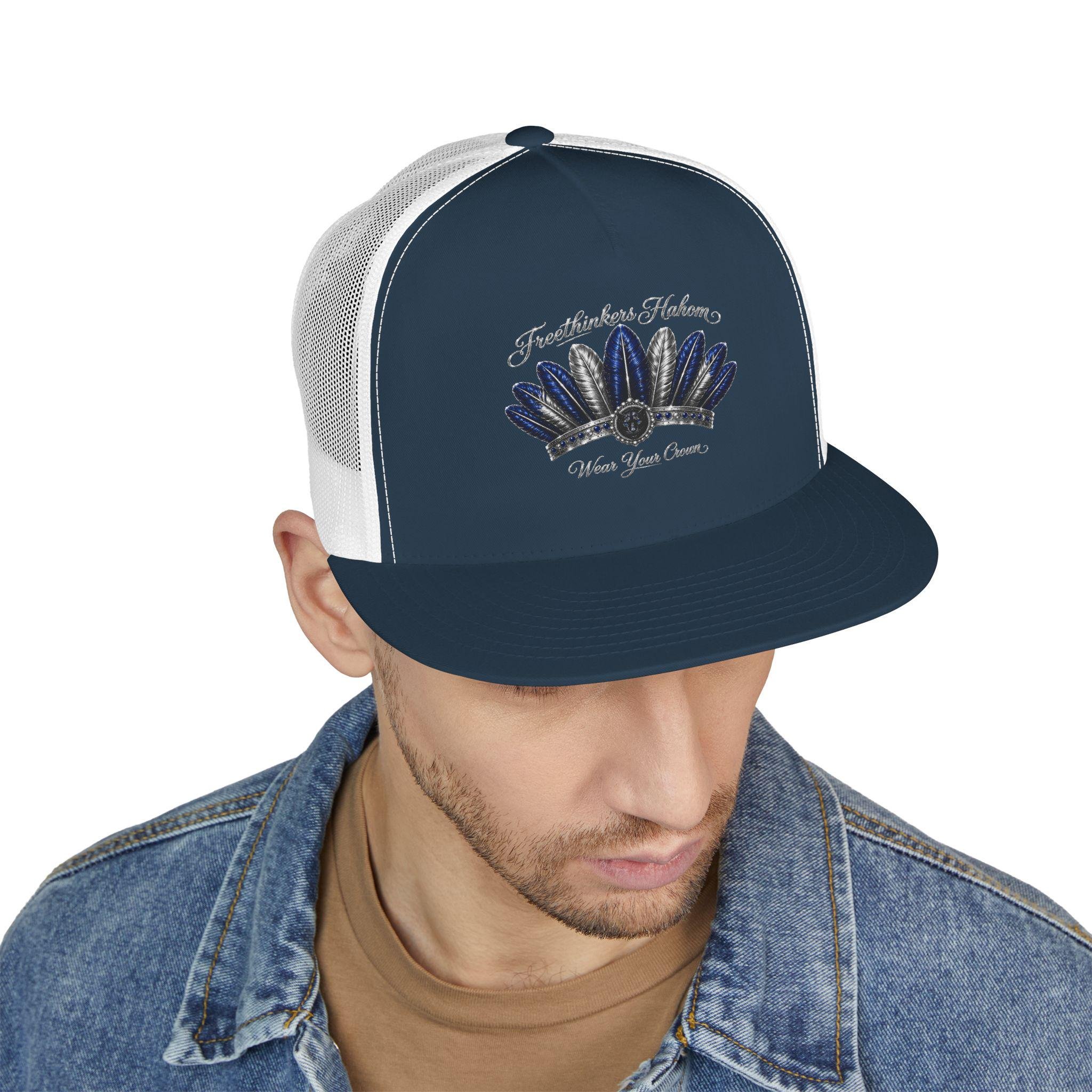 Navy Feather Headdress Trucker Cap | Embroidered Native Feather Design, view 4