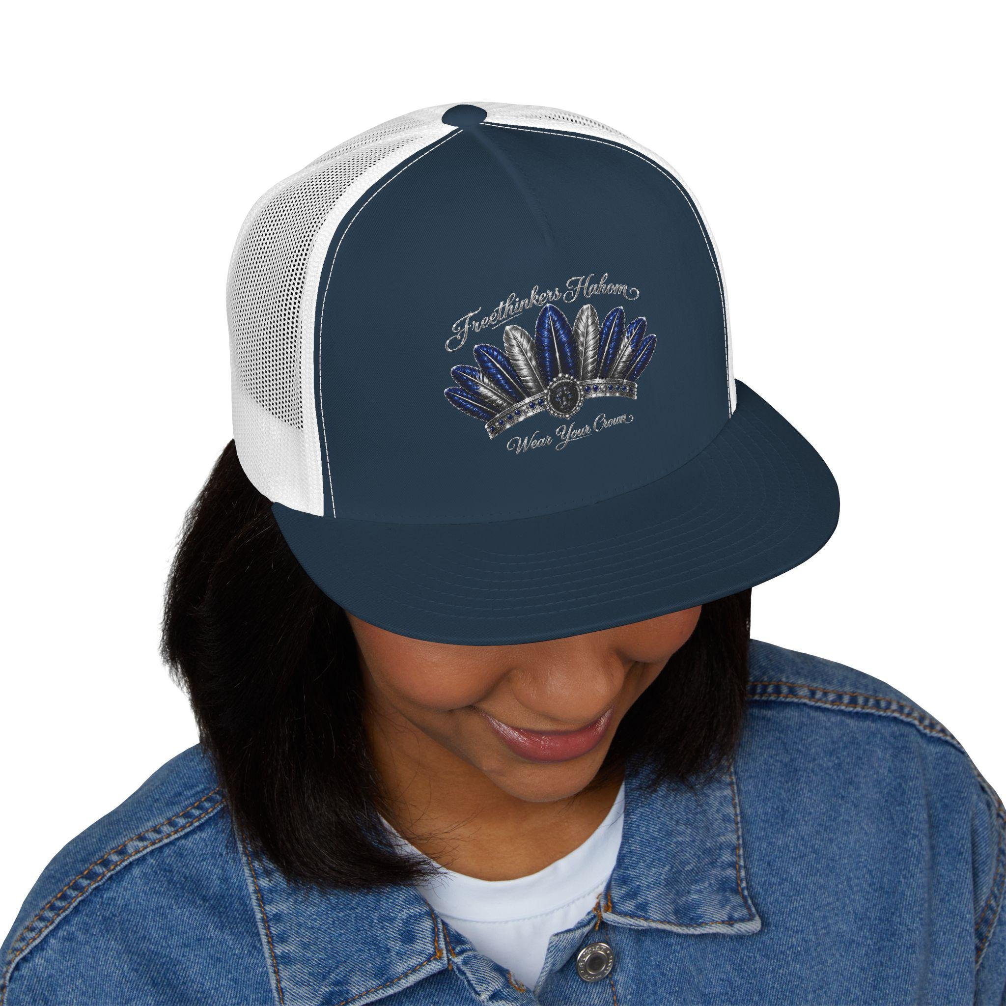 Navy Feather Headdress Trucker Cap | Embroidered Native Feather Design, view 5