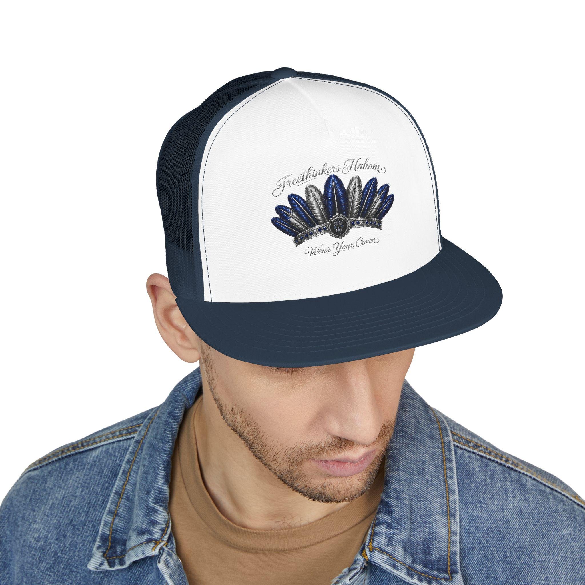 Navy Feather Headdress Trucker Cap | Embroidered Native Feather Design, view 9