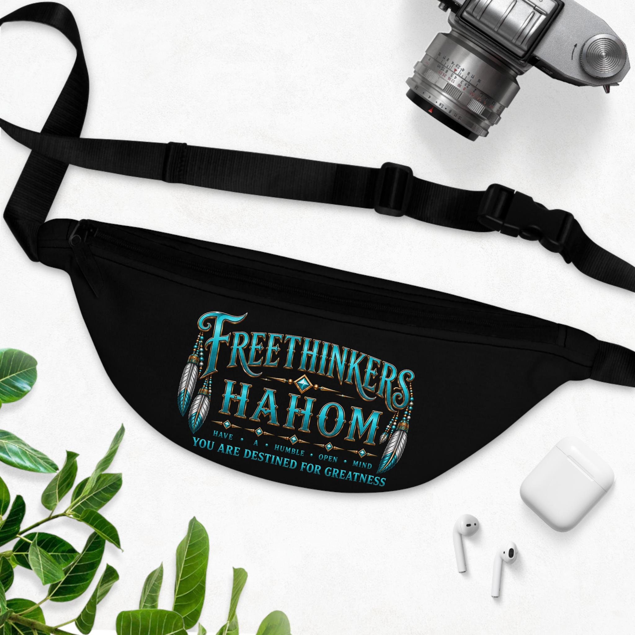 Freethinkers Hahom graphic Fanny Pack | Retro Typography Teal Accents, view 3