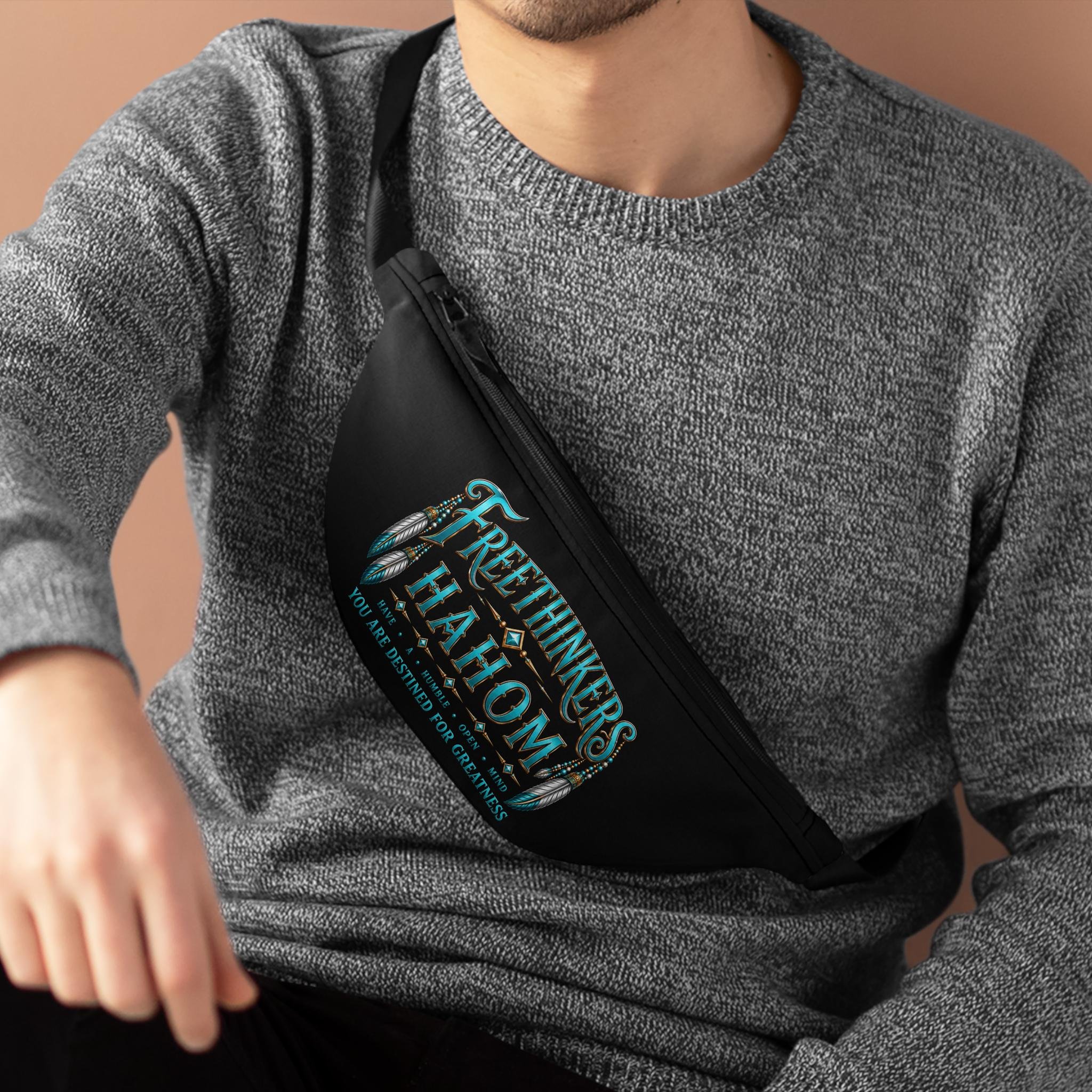 Freethinkers Hahom graphic Fanny Pack | Retro Typography Teal Accents, view 4