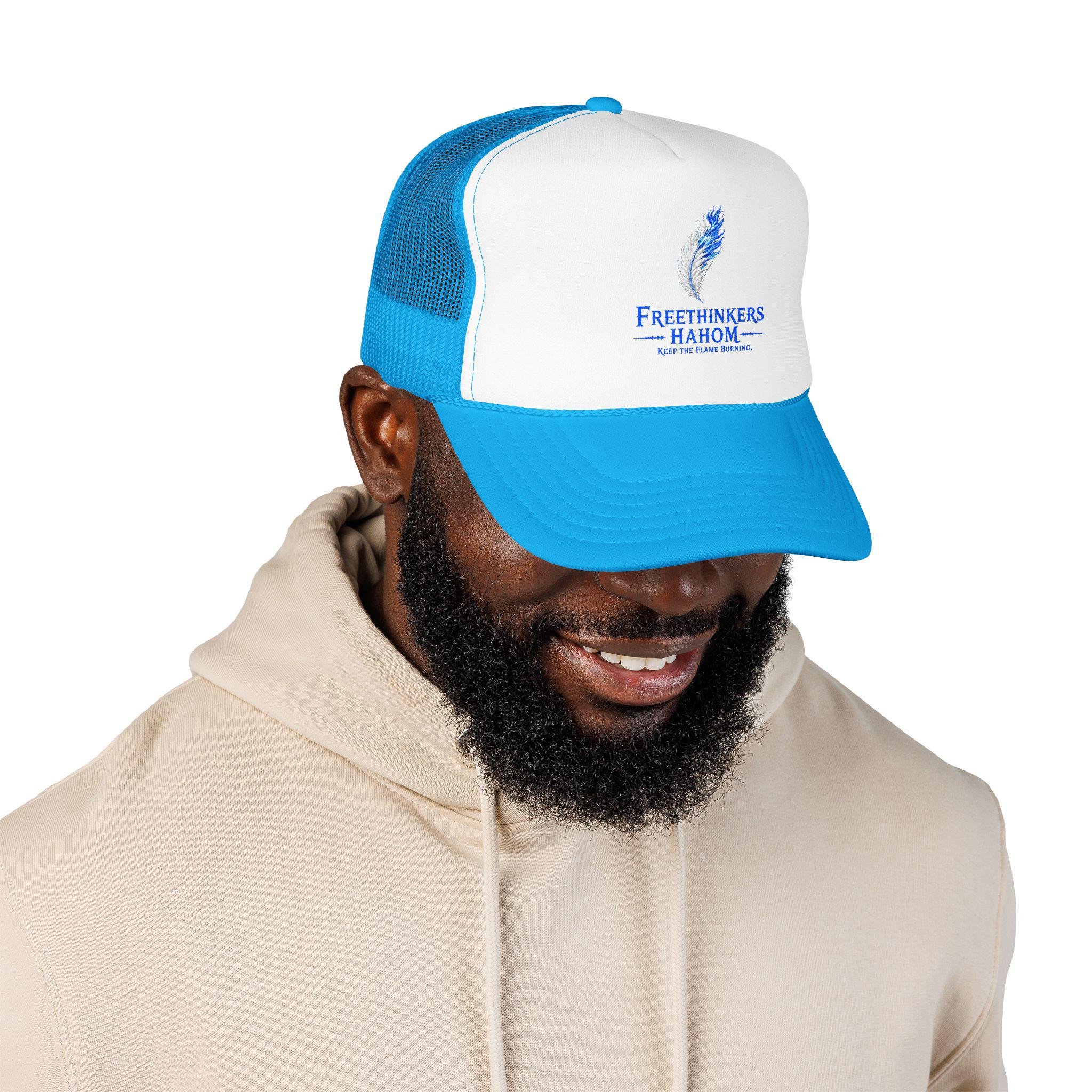 Freethinkers Hahom Feather flame Logo Trucker Hat | Blue Foam Mesh Cap