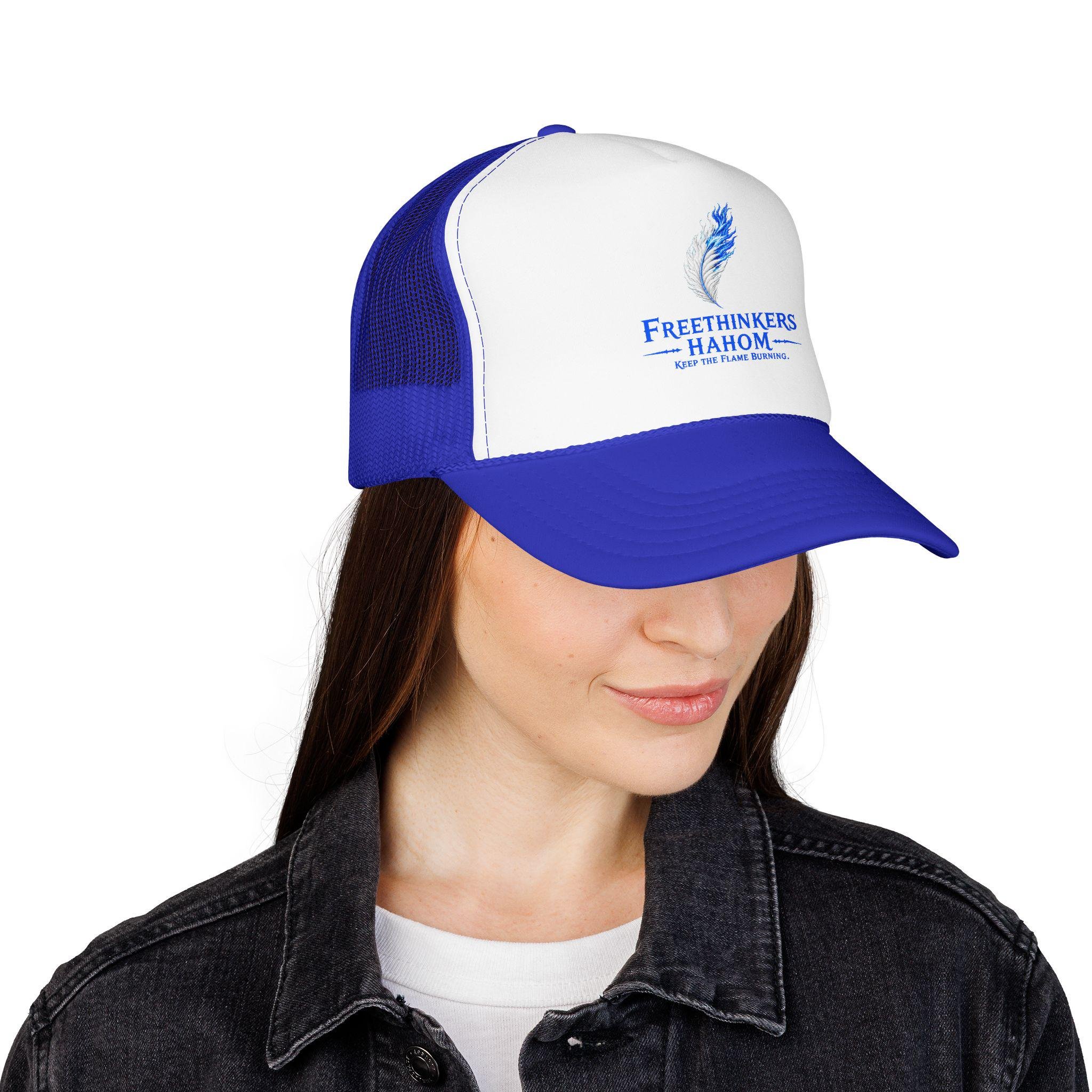 Freethinkers Hahom Feather flame Logo Trucker Hat | Blue Foam Mesh Cap, view 10