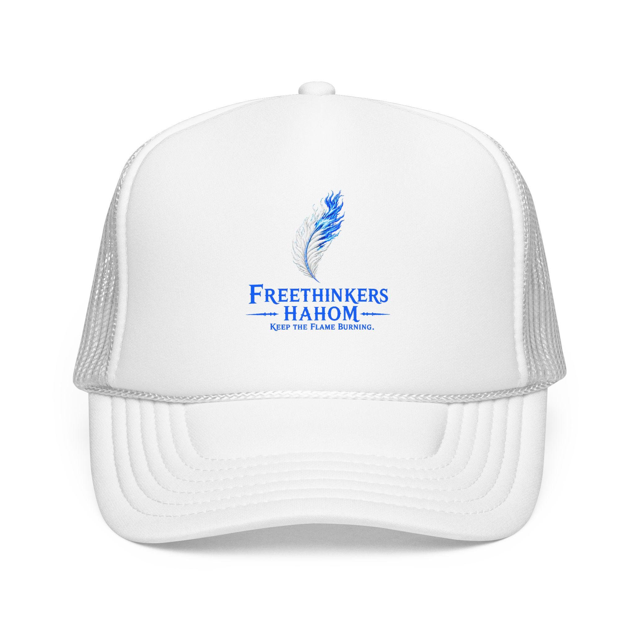 Freethinkers Hahom Feather flame Logo Trucker Hat | Blue Foam Mesh Cap, view 13
