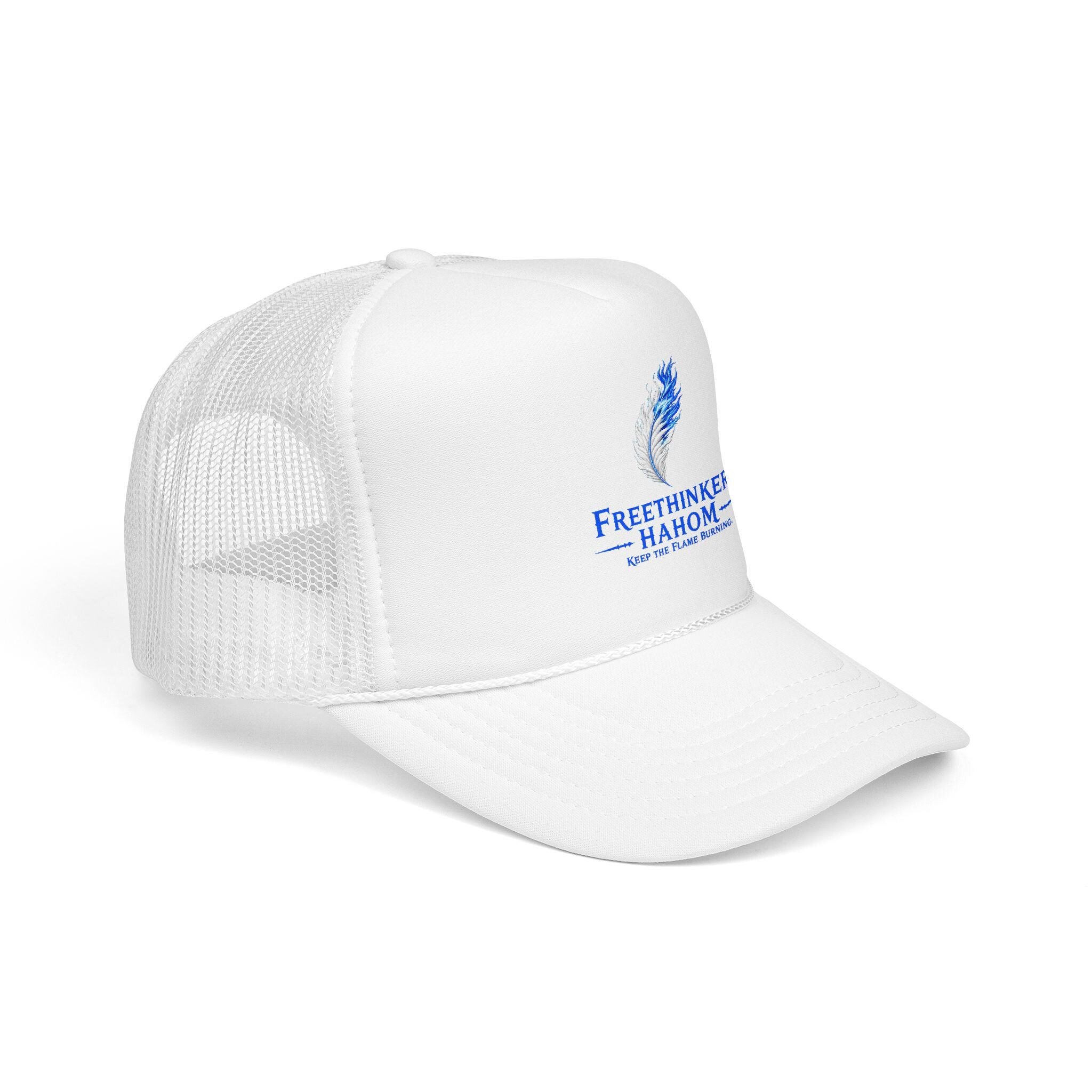 Freethinkers Hahom Feather flame Logo Trucker Hat | Blue Foam Mesh Cap, view 14
