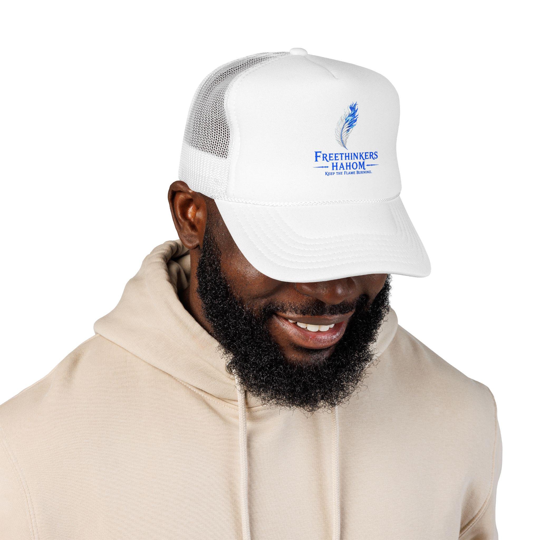 Freethinkers Hahom Feather flame Logo Trucker Hat | Blue Foam Mesh Cap, view 15