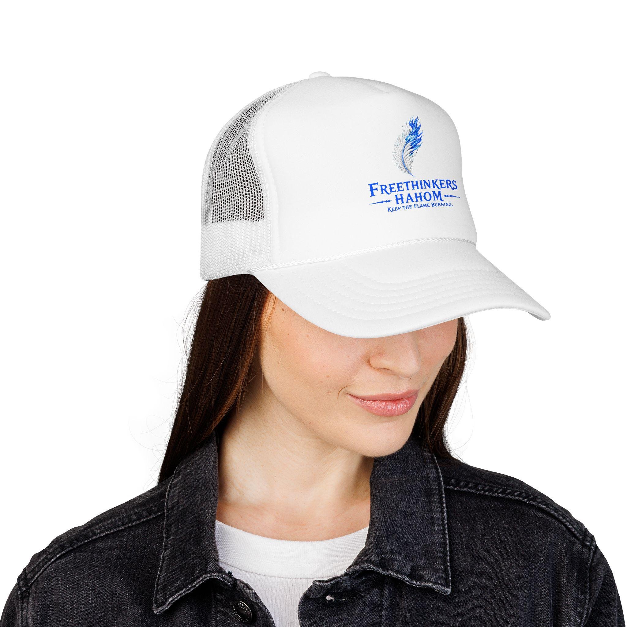 Freethinkers Hahom Feather flame Logo Trucker Hat | Blue Foam Mesh Cap, view 16