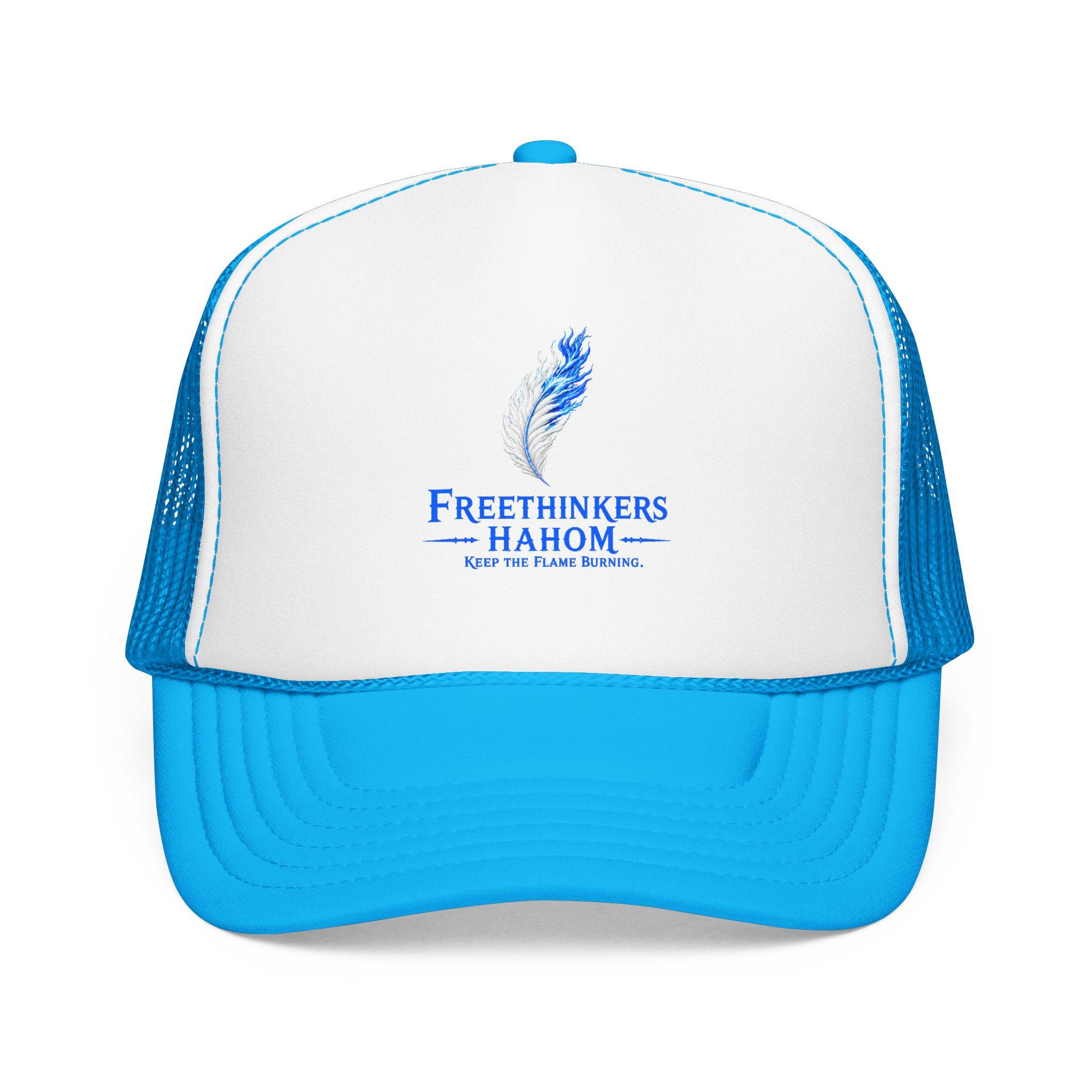 Freethinkers Hahom Feather flame Logo Trucker Hat | Blue Foam Mesh Cap, view 2