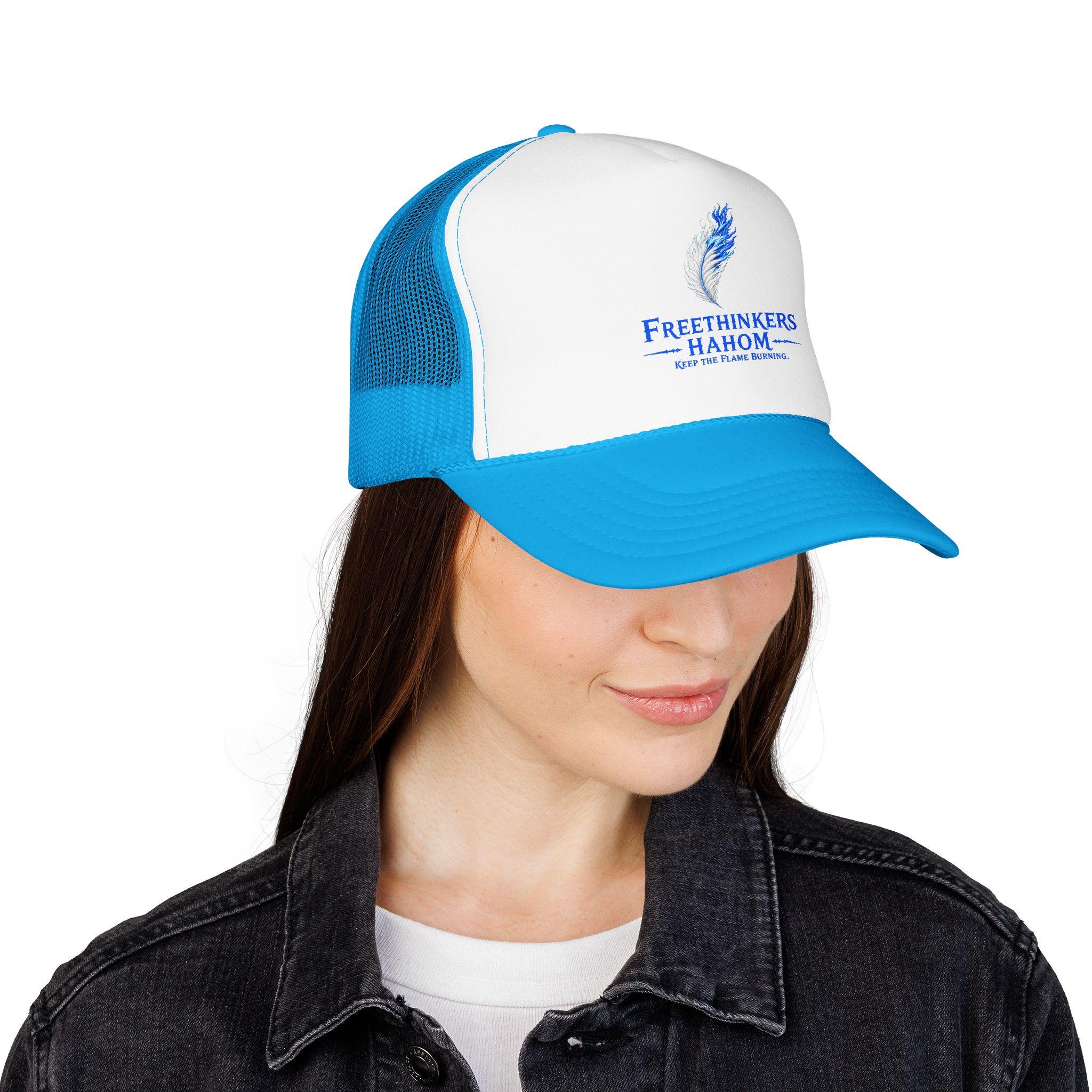 Freethinkers Hahom Feather flame Logo Trucker Hat | Blue Foam Mesh Cap, view 4