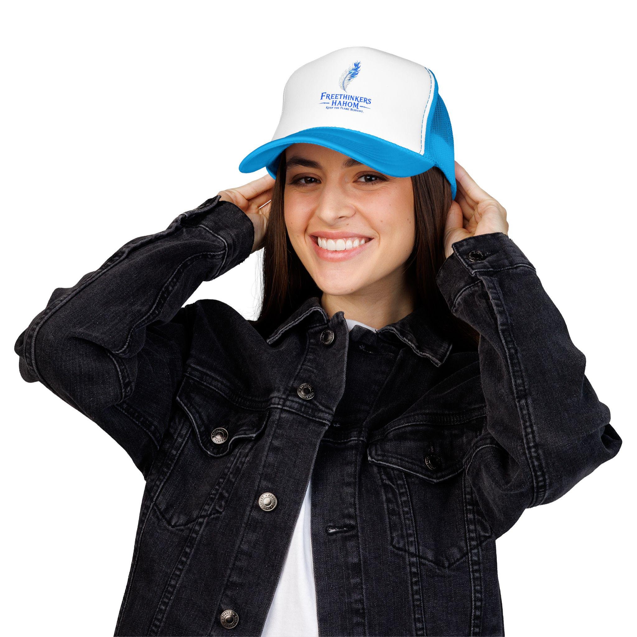 Freethinkers Hahom Feather flame Logo Trucker Hat | Blue Foam Mesh Cap, view 5