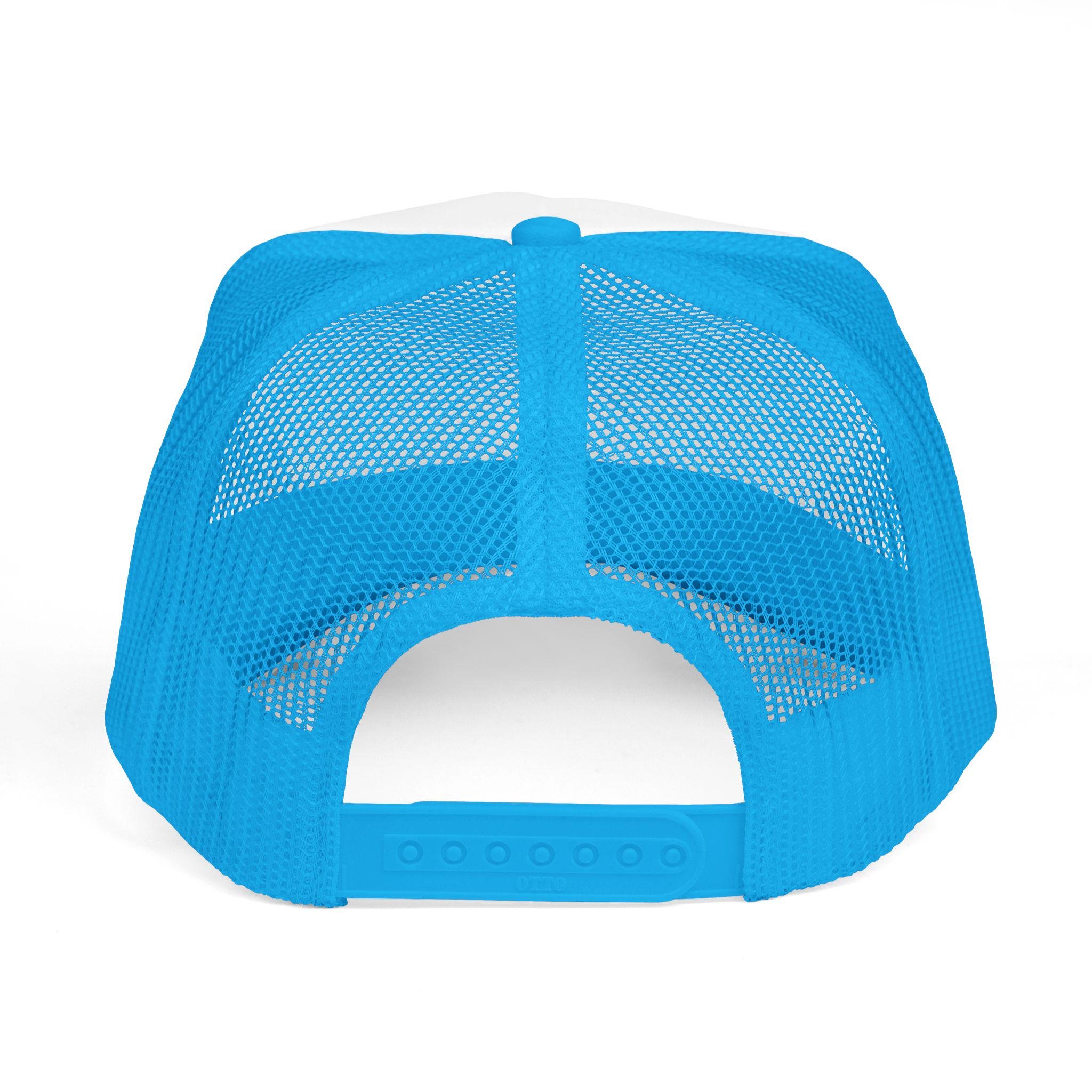 Freethinkers Hahom Feather flame Logo Trucker Hat | Blue Foam Mesh Cap, view 6