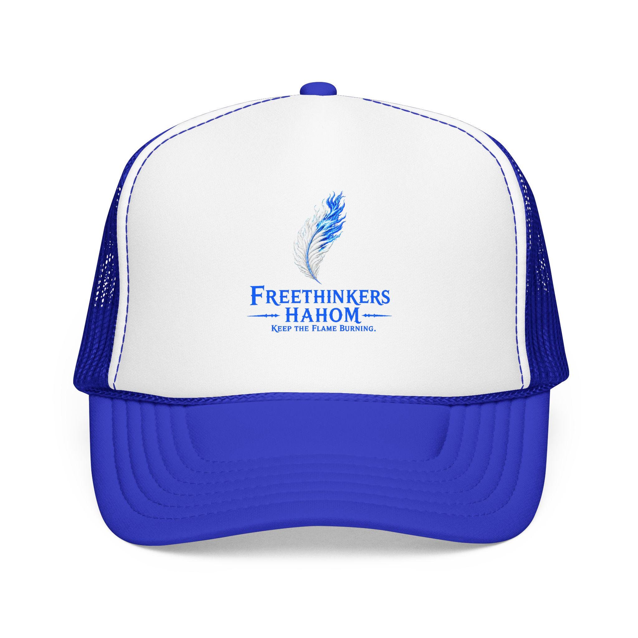 Freethinkers Hahom Feather flame Logo Trucker Hat | Blue Foam Mesh Cap, view 7