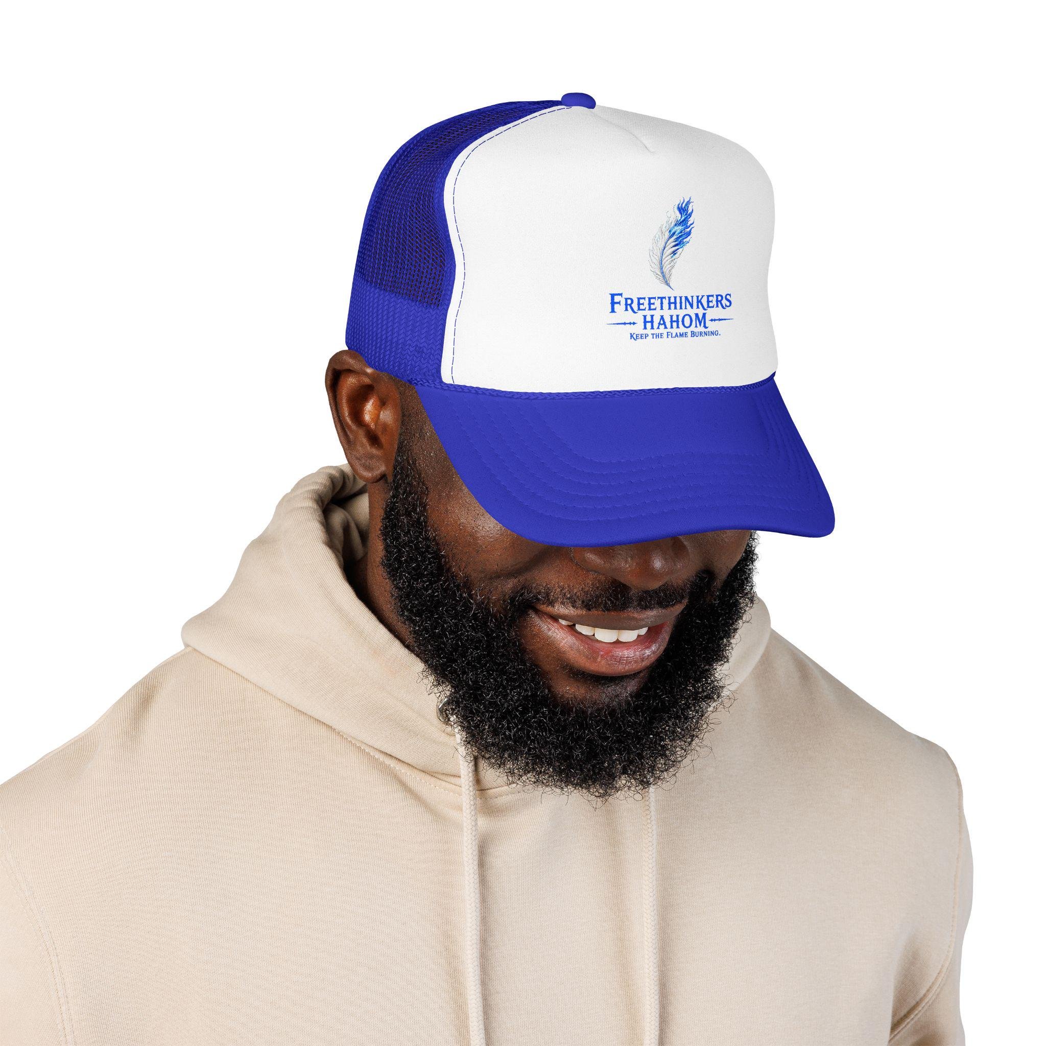 Freethinkers Hahom Feather flame Logo Trucker Hat | Blue Foam Mesh Cap, view 9