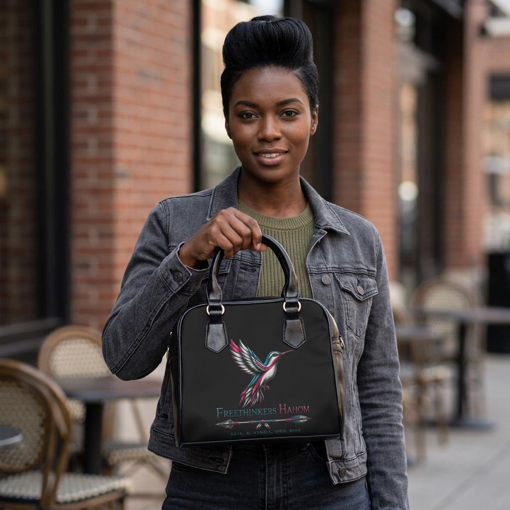 Freethinkers Hahom hummingbird illustration Shoulder Handbag | inspirational text, arrow motif