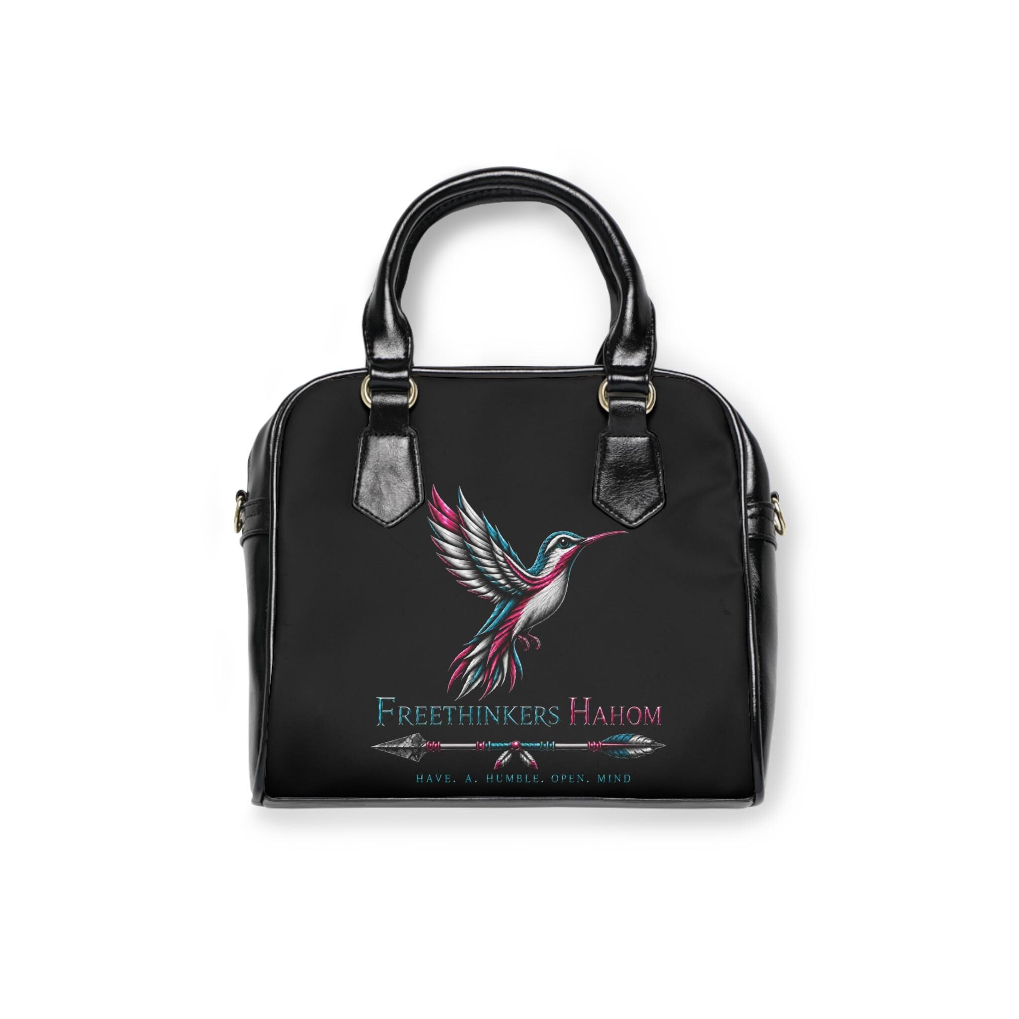 Freethinkers Hahom hummingbird illustration Shoulder Handbag | inspirational text, arrow motif, view 2