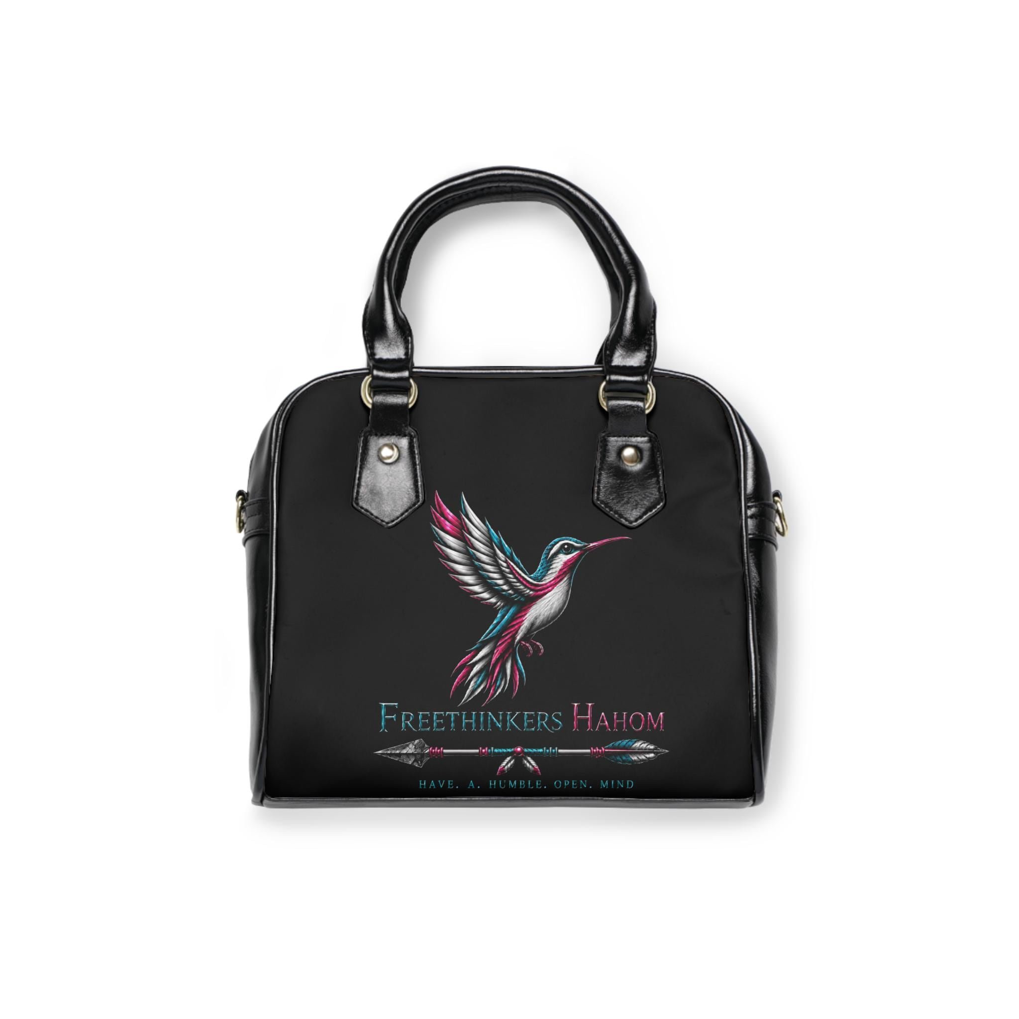 Freethinkers Hahom hummingbird illustration Shoulder Handbag | inspirational text, arrow motif, view 3