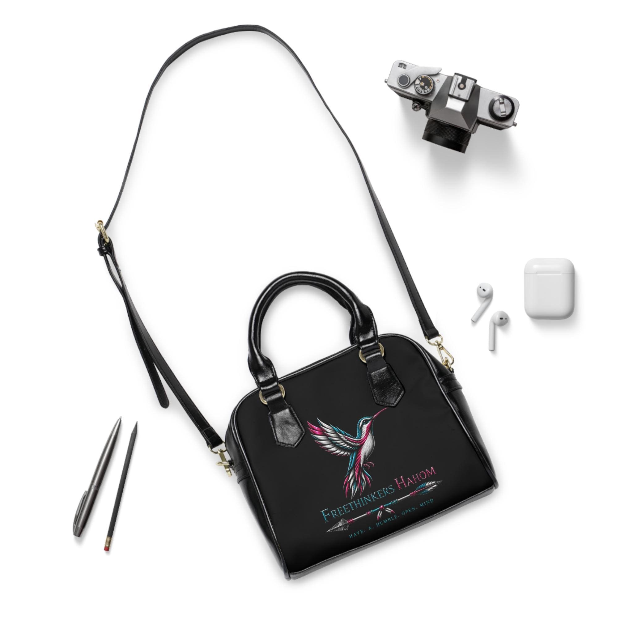 Freethinkers Hahom hummingbird illustration Shoulder Handbag | inspirational text, arrow motif, view 4