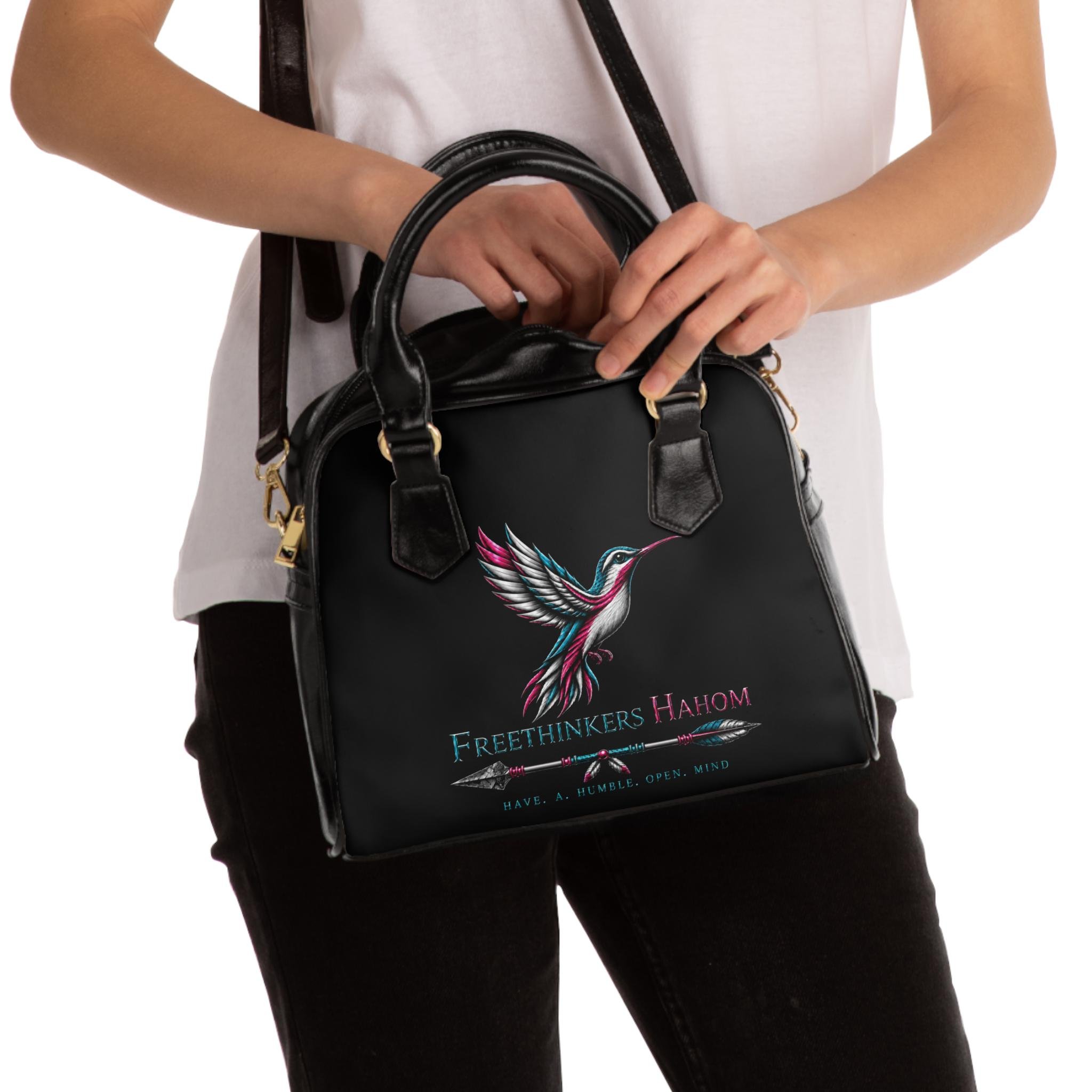 Freethinkers Hahom hummingbird illustration Shoulder Handbag | inspirational text, arrow motif, view 5