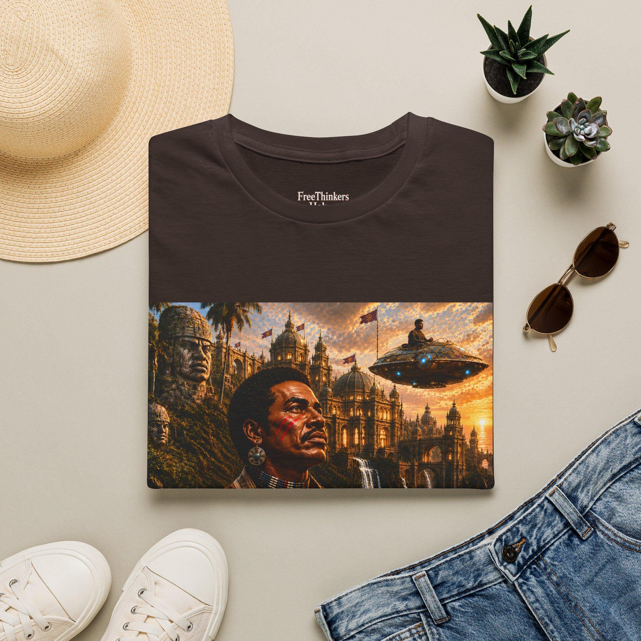 Old World America portrait T-Shirt | vintage Americana, UFO skyline, view 11