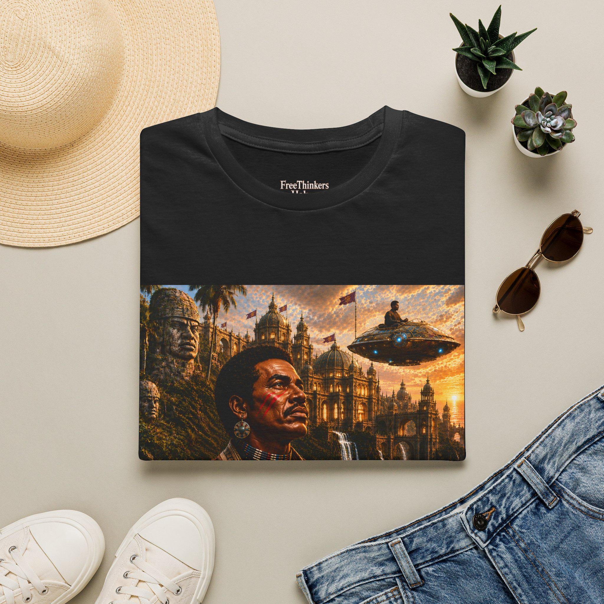 Old World America portrait T-Shirt | vintage Americana, UFO skyline, view 12